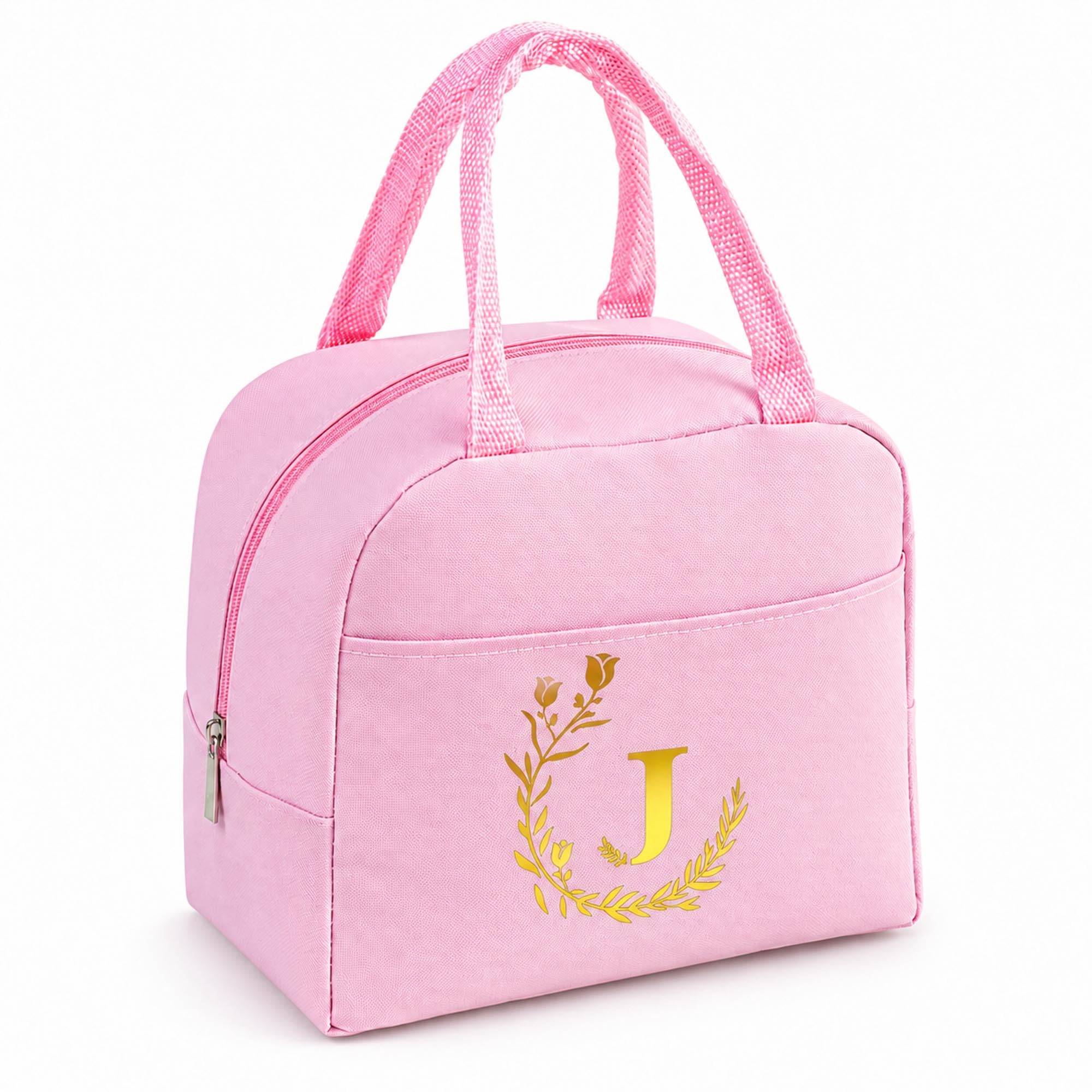 Personalized Pink Initial Letters Insulated Lunch Bag for Women Men Kids -J