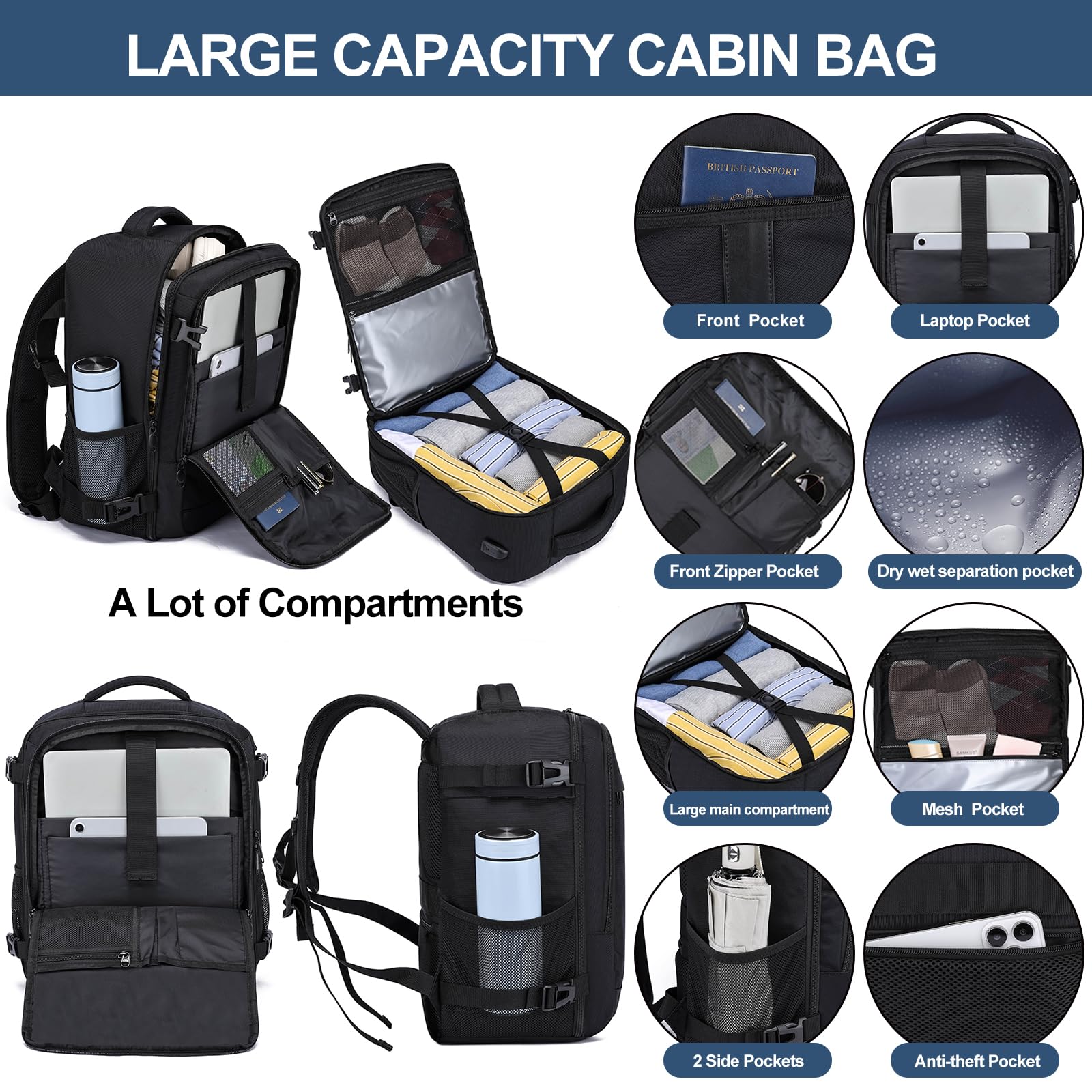 Zaino 40x30x20 per Ryanair Bagaglio a Mano per Wizzair Eurowings Zaino da Viaggio Aereo 24L Borsa da Cabina per Voli,14 Pollici Zaino Porta PC con Caricatore USB Zaino da Viaggio per Donna Uomo,Nero