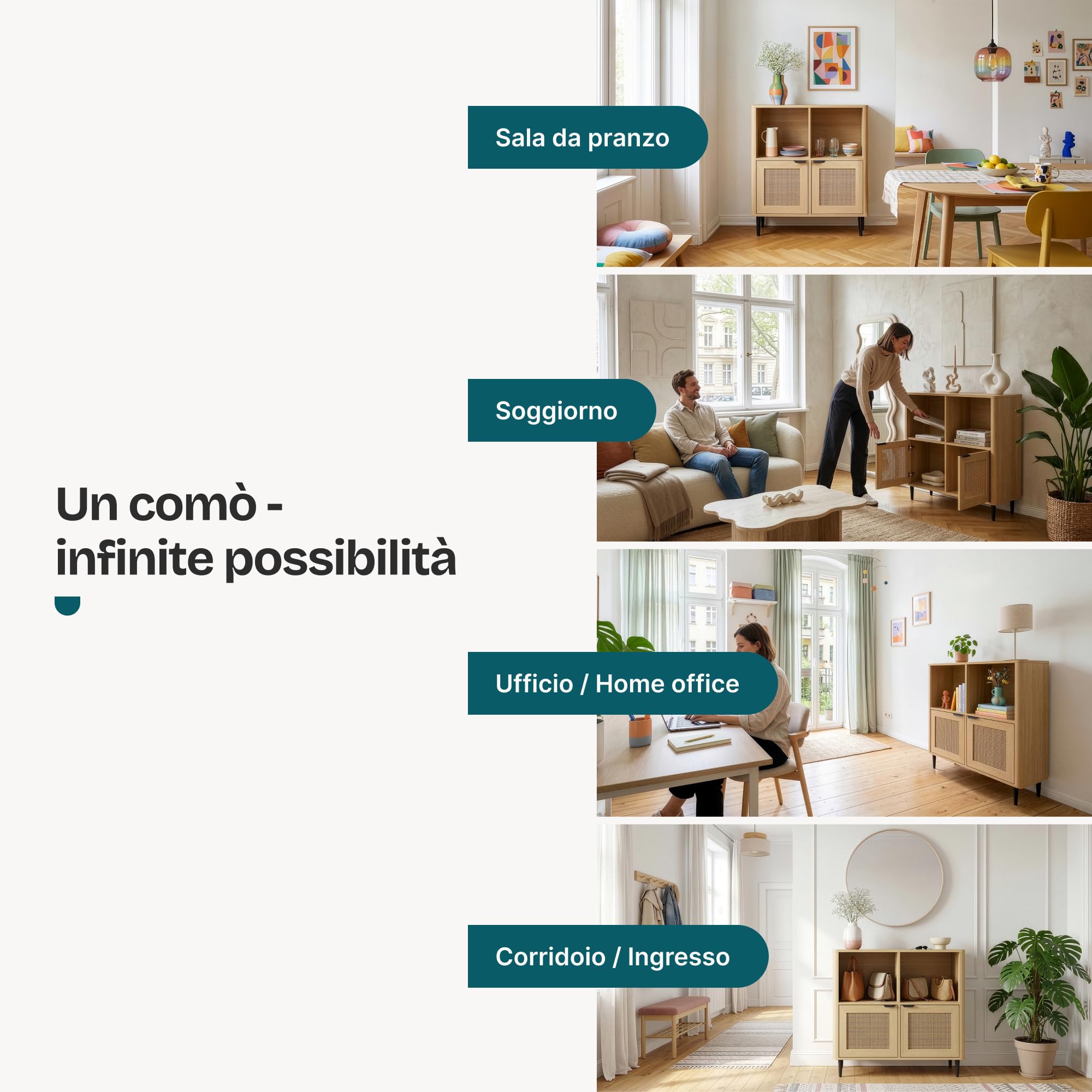 [en.casa] Mobile Contenitore Multiuso a 2 Ante Credenza con 4 Vani Portaoggetti Scomparti Chiusi Aperti per Soggiorno Camera da Letto Ingresso Studio 85 x 75 x 30 cm - Effetto Rovere/Rattan