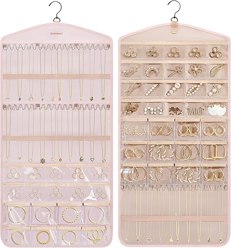 BAGSMART Organizador de joyas colgante con ganchos de metal, soporte de joyería de doble cara para organizar aretes, collares, anillos, perfecto
