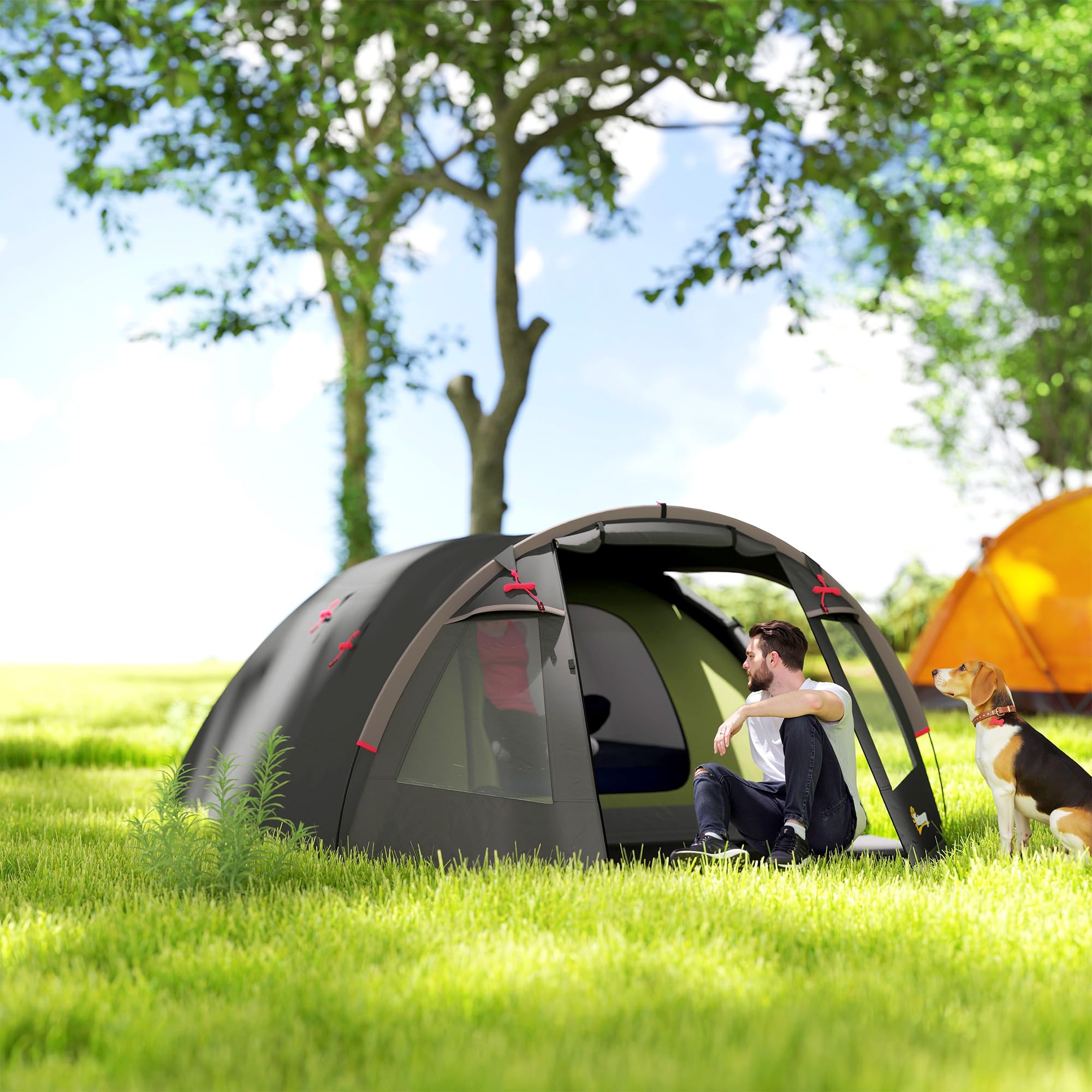 Outsunny Tente de Camping familiale pour 2-4 Personnes, Tente Tunnel imperméable 3000 mm avec 3 Portes, fenêtres, Sac de Transport, pour Camping Voyage randonnée Jardin, Noir