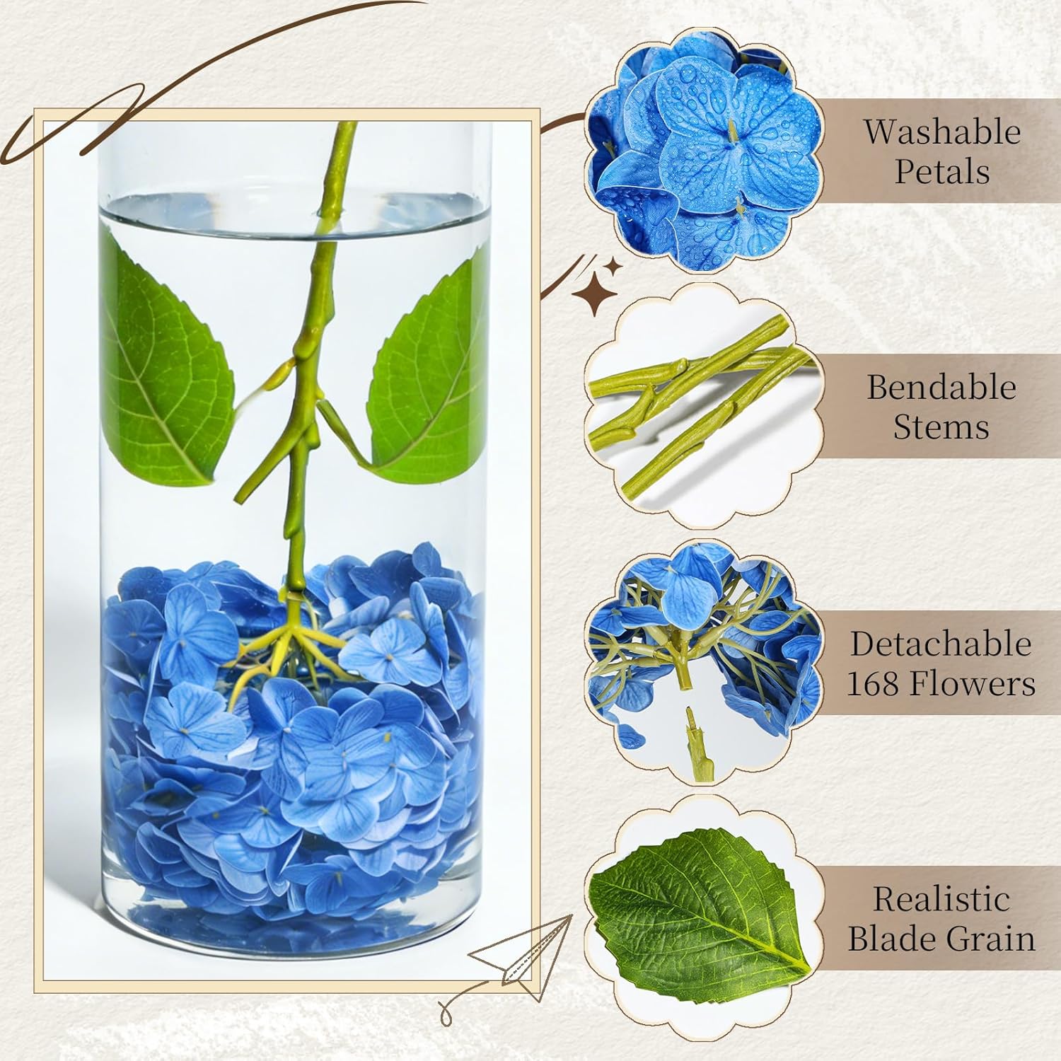 3 Pcs - 21" H Lifelike, Real Touch and Washable Spring Artificial Hydrangea Flowers , Faux Hydrangeas Fake Flowers for Kitchen Living Room Decor, Floral Arrangements & Outdoor Decoration（Light blue）
