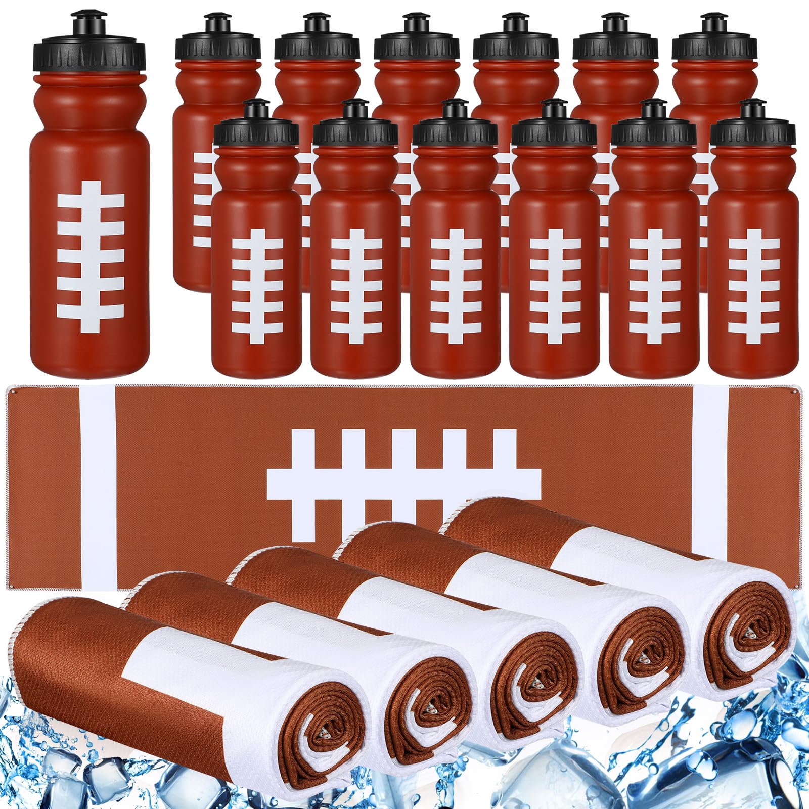 HunnmingRe 24 Pcs Sport Party Favors Include 12 Pcs 20 oz Plastic Soccer Football Basketball Water Bottles Bulk 12 Pcs 40"x12" Softball Baseball Cooling Towels for Soccer Sport Team Gift