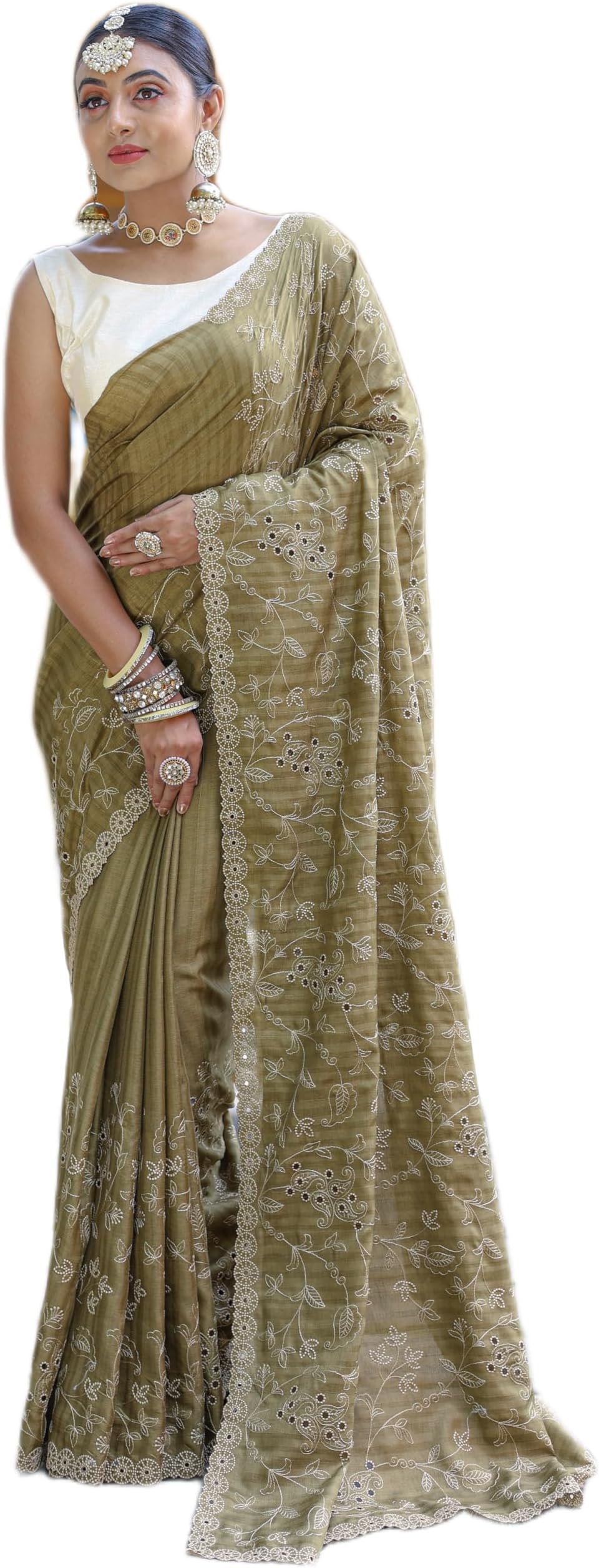 Women's Soft Silk Saree with Hand Thread Work and Floral Design Includes Unstitched Blouse Piece
