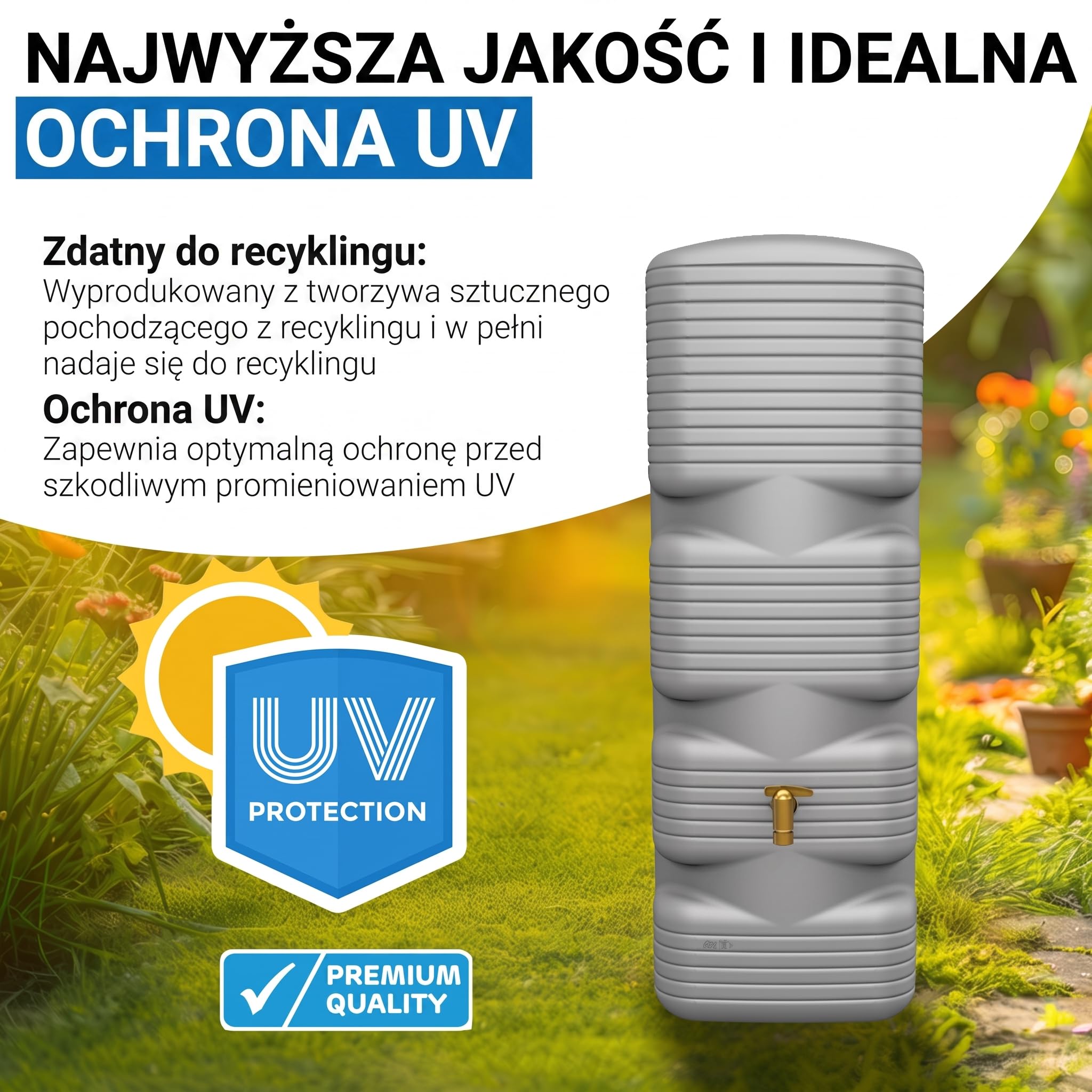 4rain QUADRO zbiornik przyścienny na deszczówkę zestaw kompletny 170 l | szary betonowy, z kranem spustowym z tworzywa sztucznego i przyłączem do rury spustowej