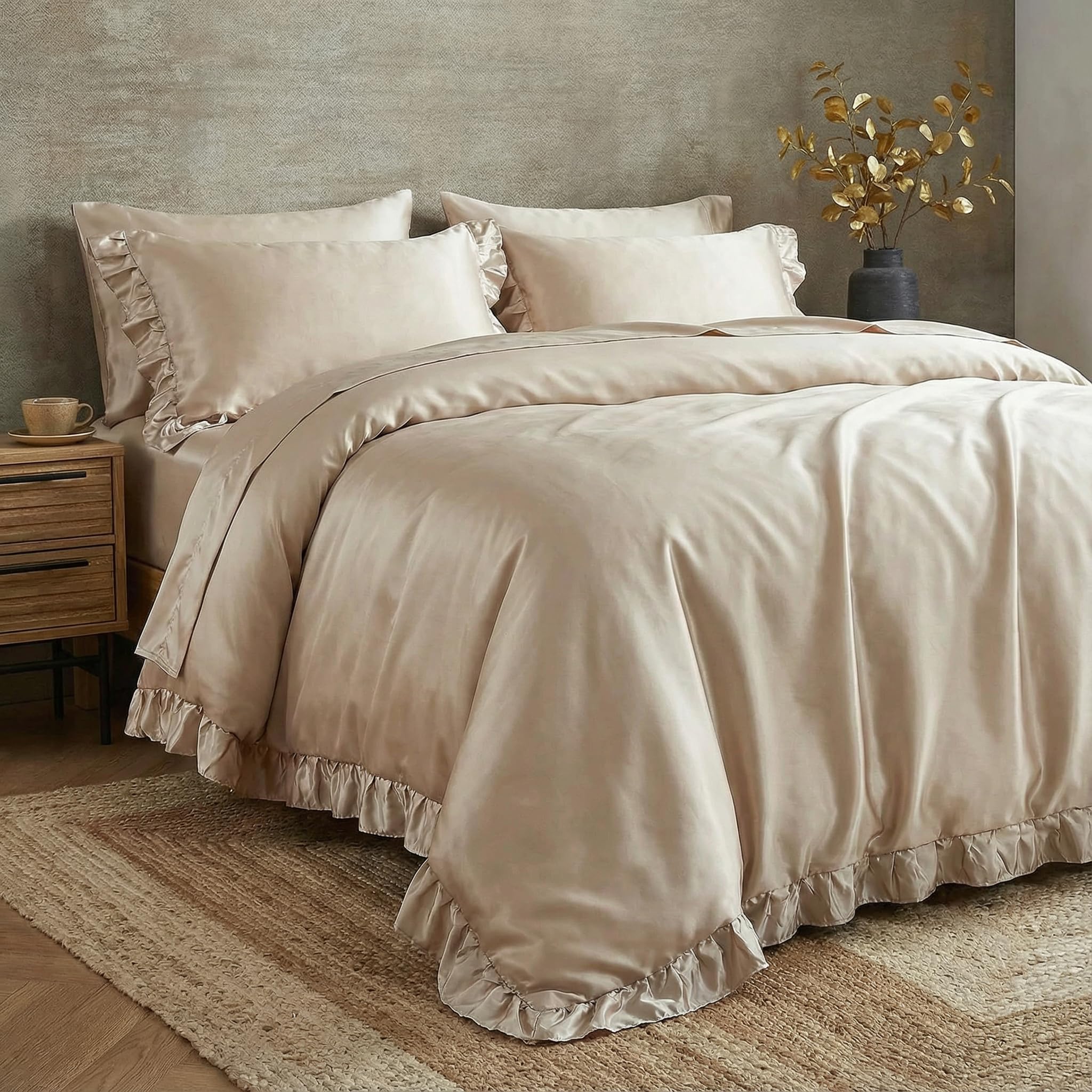 Herside Set di biancheria da letto con copripiumino con volant, in morbida microfibra, motivo shabby chic, con 1 copripiumino e 1 federa (beige, singolo