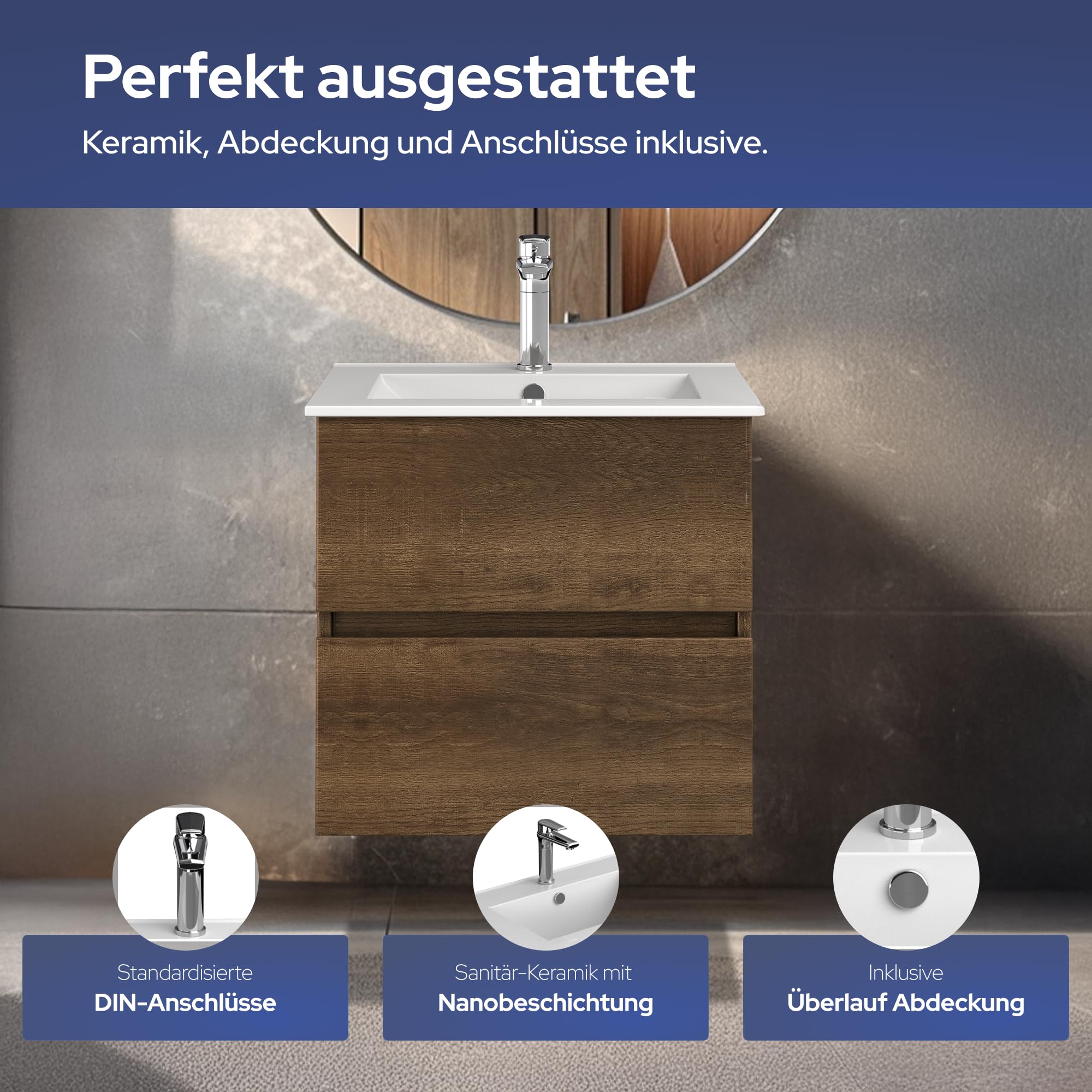 VILSTEIN Waschbecken mit Unterschrank – Set 60 cm Dunkelbraun – Waschbeckenunterschrank [Soft-Close SCHUBLADEN] & Keramik-Waschbecken – Modernes Badezimmermöbel aus feuchtigkeitsbeständigem Material