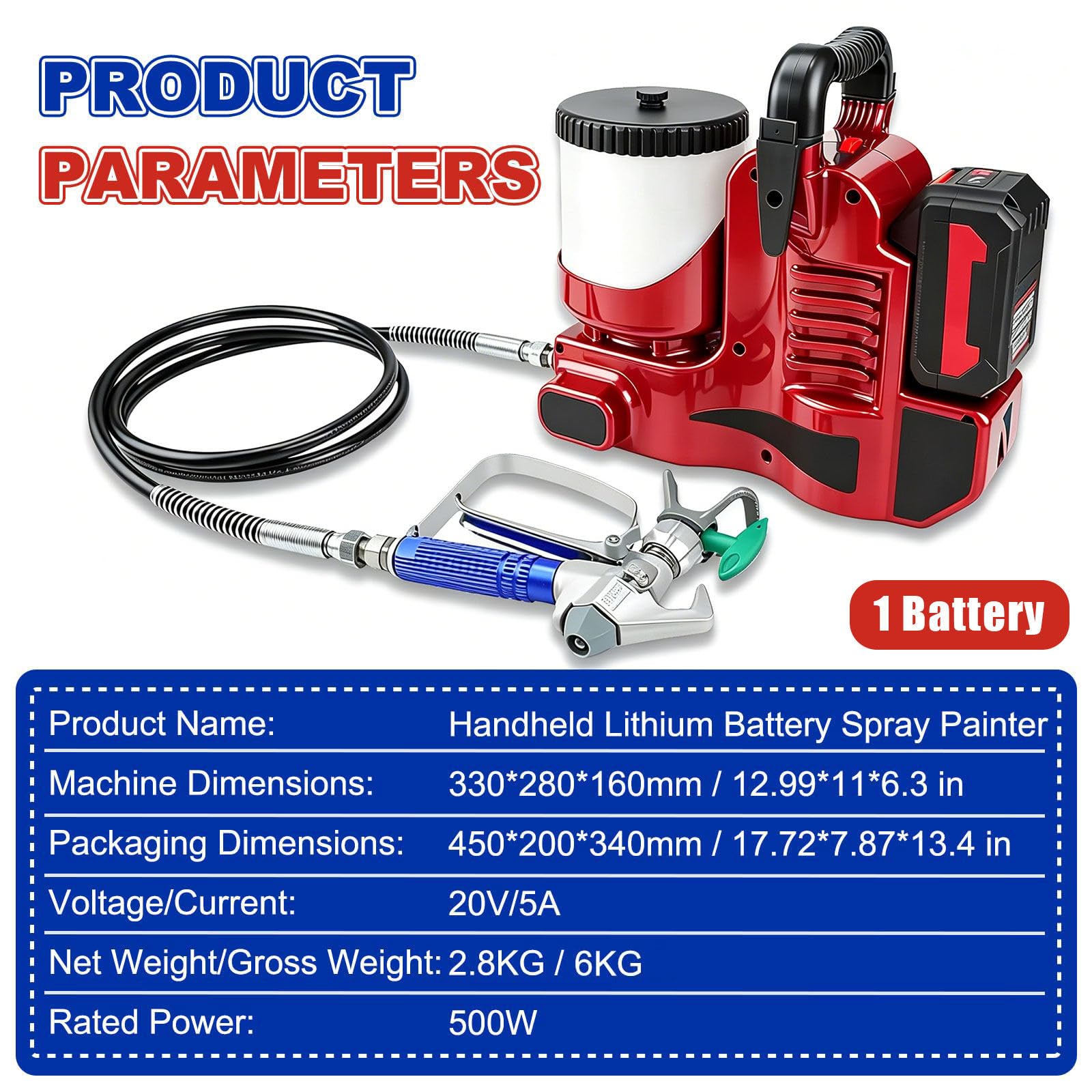 Airless Paint Sprayer Dotato di Base di Ricarica, Gancio da Cintura e Borsa portaoggetti Portatile, Adatto per Vernici acquose, Primer e Servizi di spruzzatura per mobili Red-1Battery