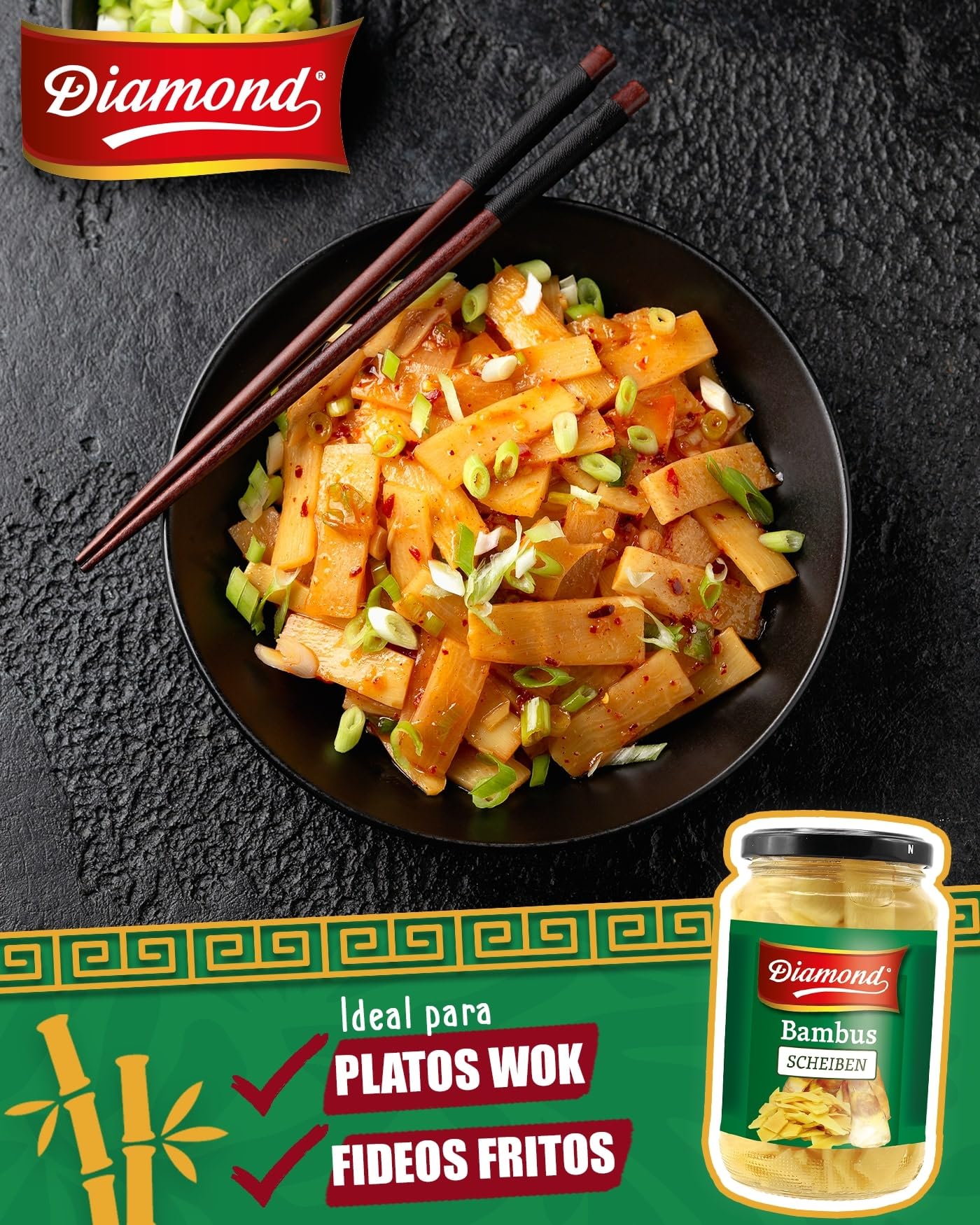 DIAMOND Rodajas de bambú, vegetal asiático en conserva, adecuado para platos wok, bajo en carbohidratos - 1 x 330 g (175 g Peso Neto Escurrido)