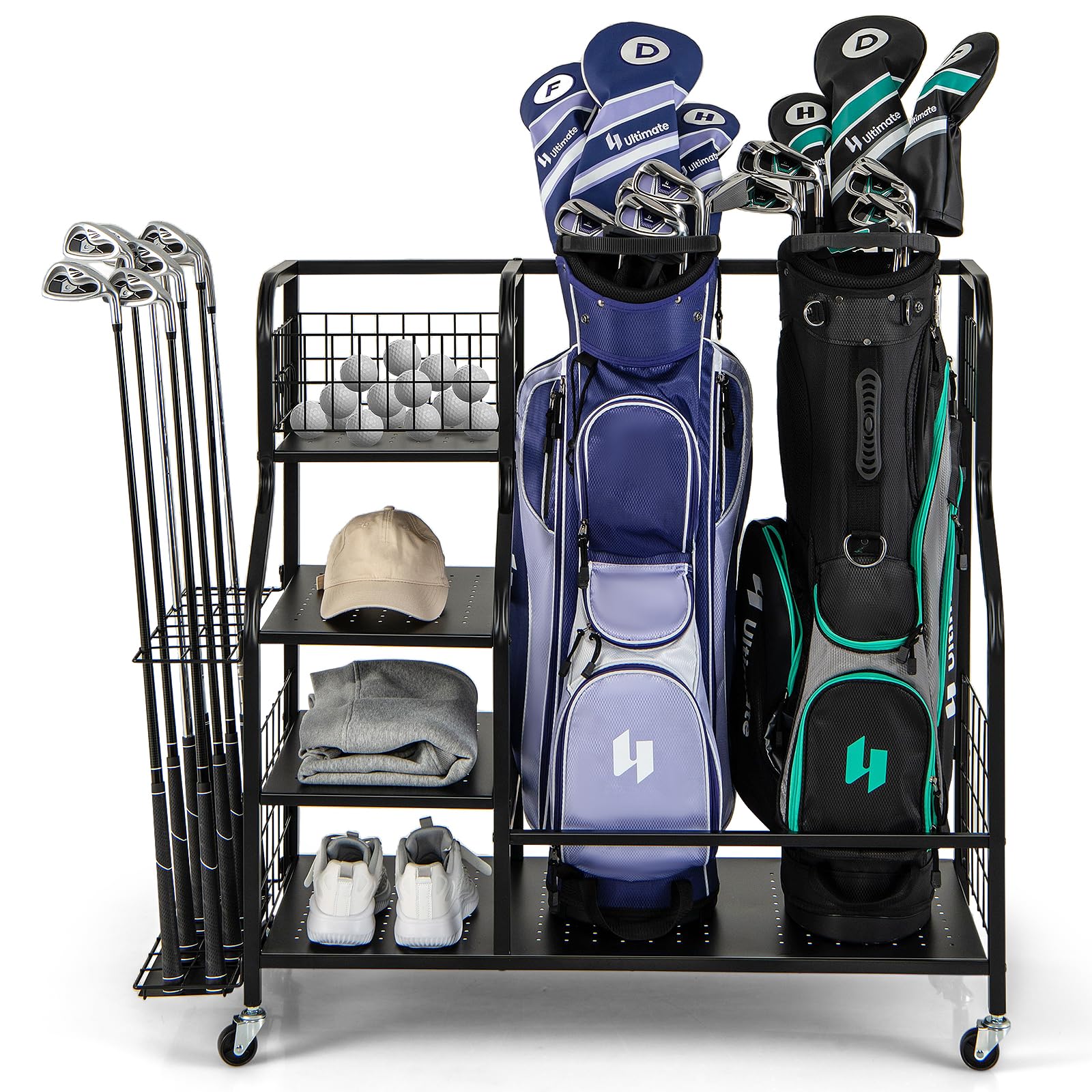 COSTWAY Organisateur d'Équipement Sportif avec Roues Amovibles, Support de Rangement pour 2 Sacs de Golf avec Support pour Clubs de Golf 6 Crochets, pour Garage Club sous-Sol