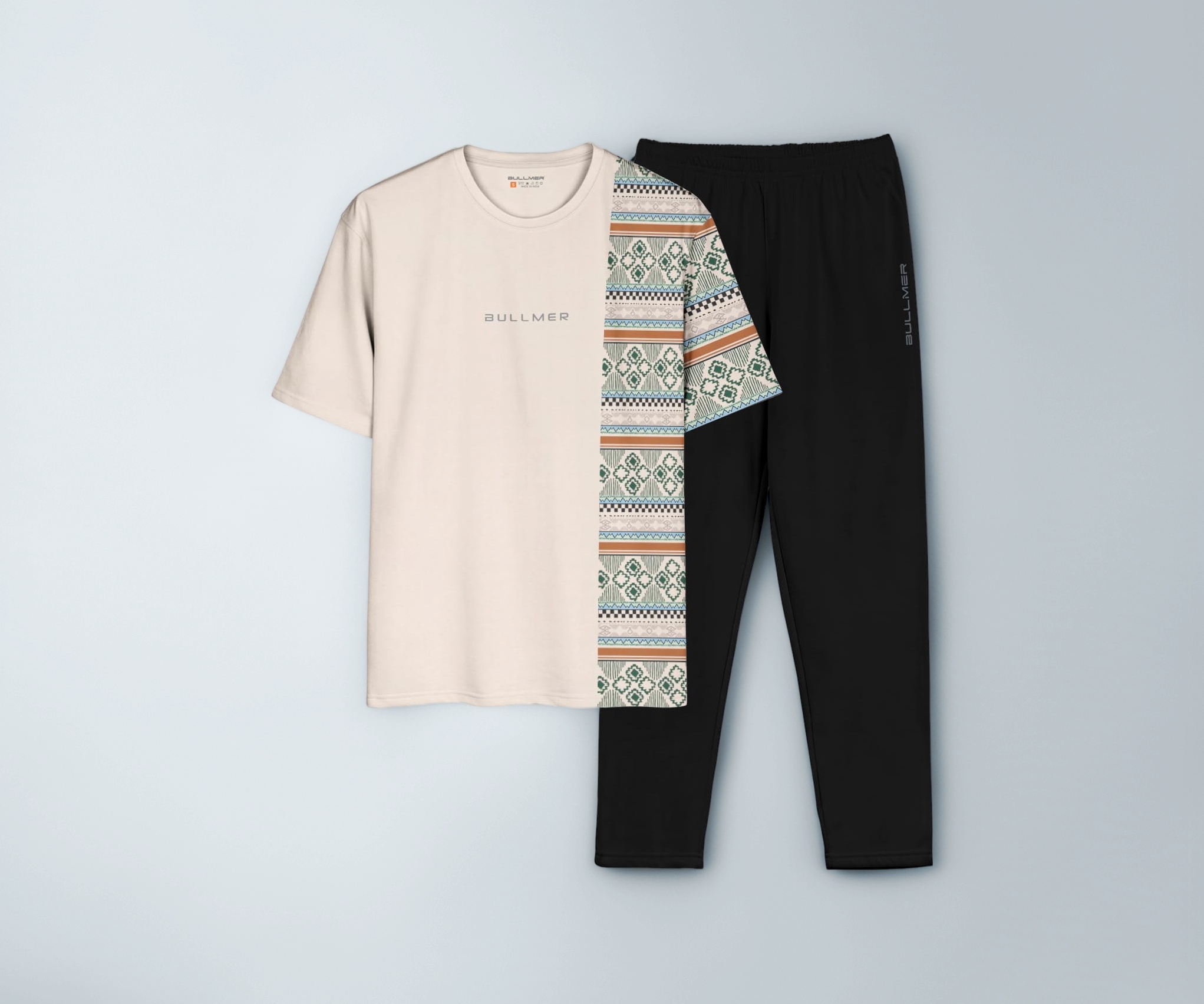 BULLMER Trendy Clothing Set with Oversized T-Shirt & Pants Co-ords for Men / Beige2:Black/Small