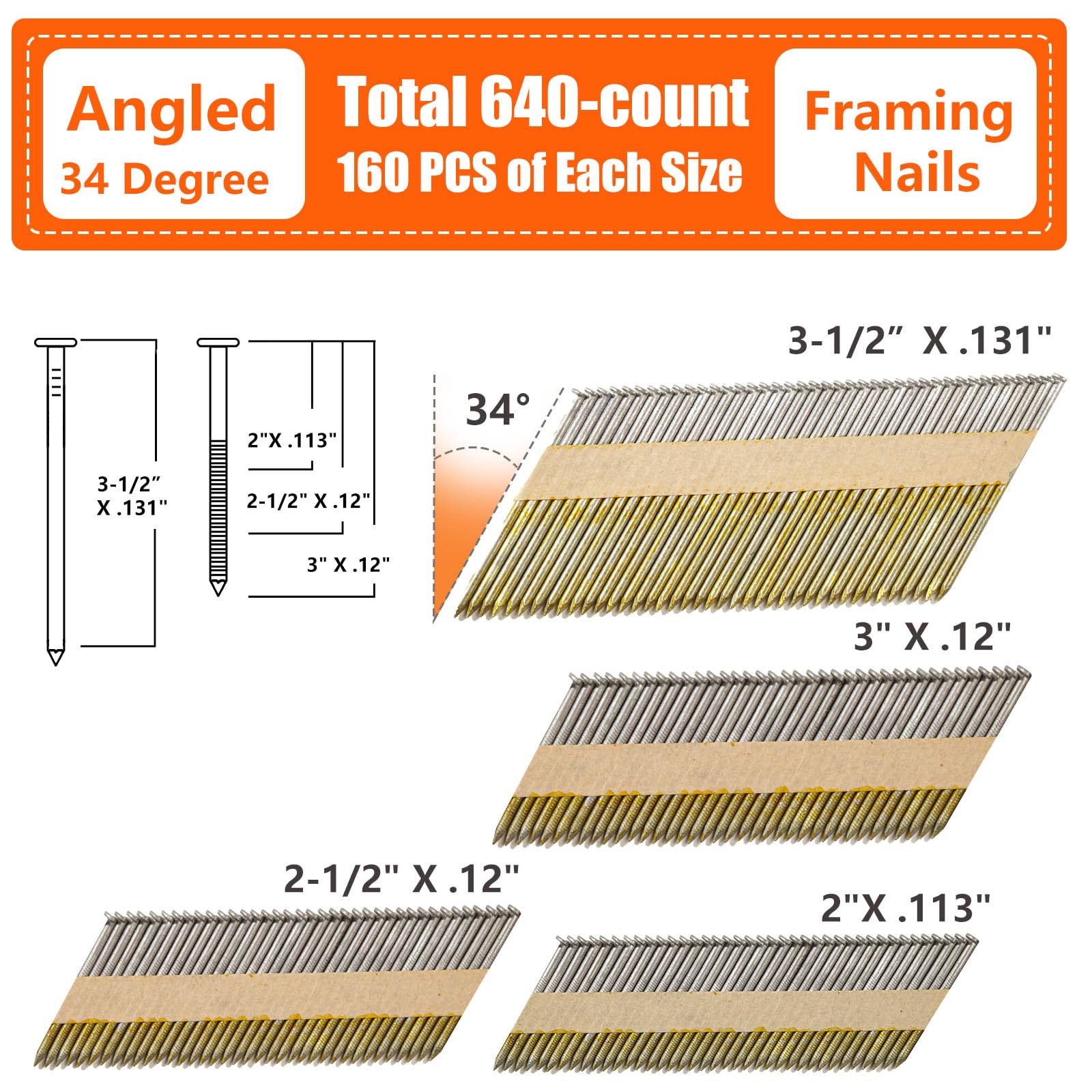 SITLDY 30 Degree Framing Nails 4 Sizes (2"+2-1/2"+3.0" Ring+3-1/2" Smooth), D Head Hot Dipped Galvanized Paper Tape Strip Nails, 80 PCS per Size, 320 Count, for 30 to 34 Degree Framing Nailer