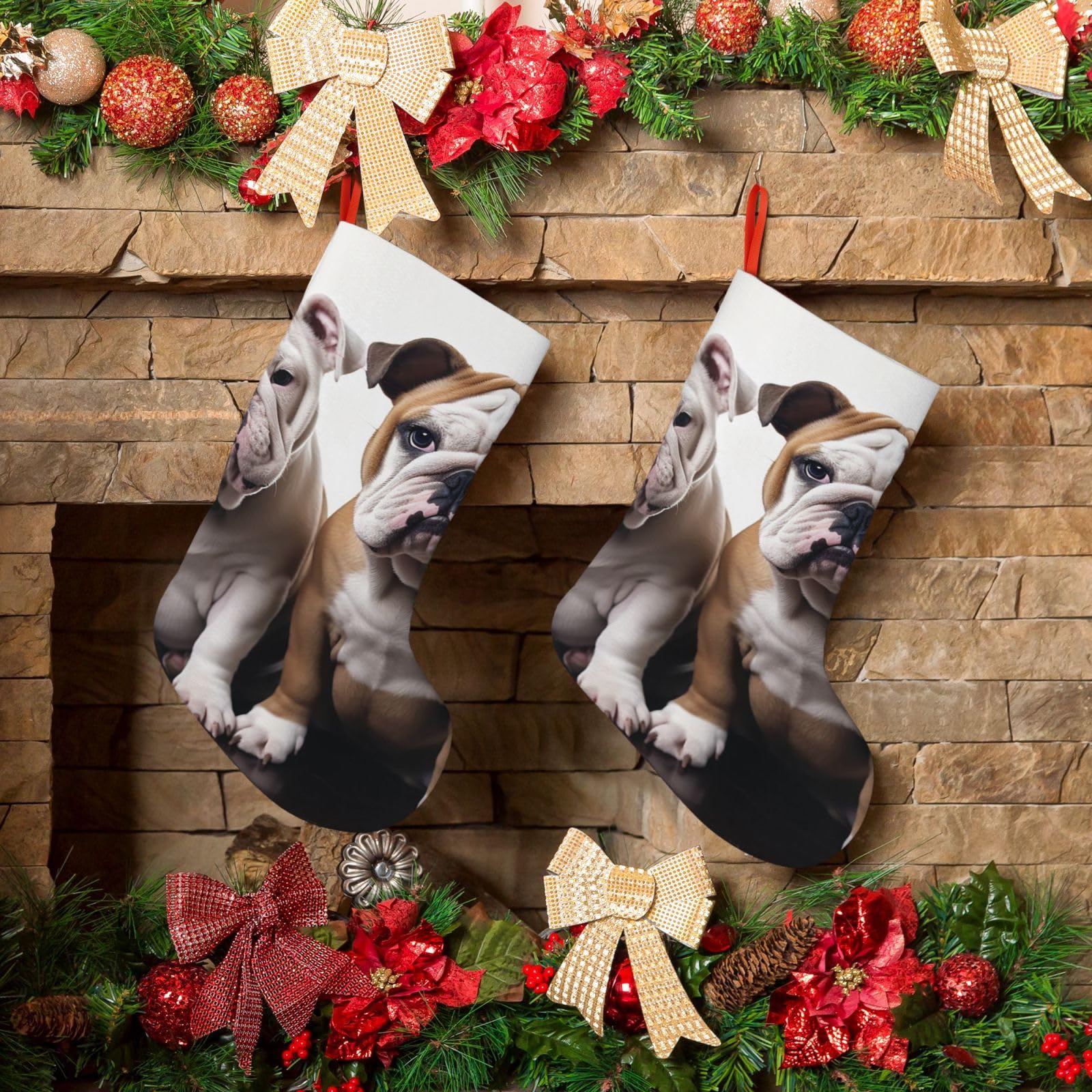 Fodpand Boys Black Two Cute Bulldog Dogs Christmas Stockings Hanging Ornaments For Holiday Decor, 18 Inches Velvet Fireplace Hanging Xmas Stocking, Candy Gift Bags For Christmas Decorations