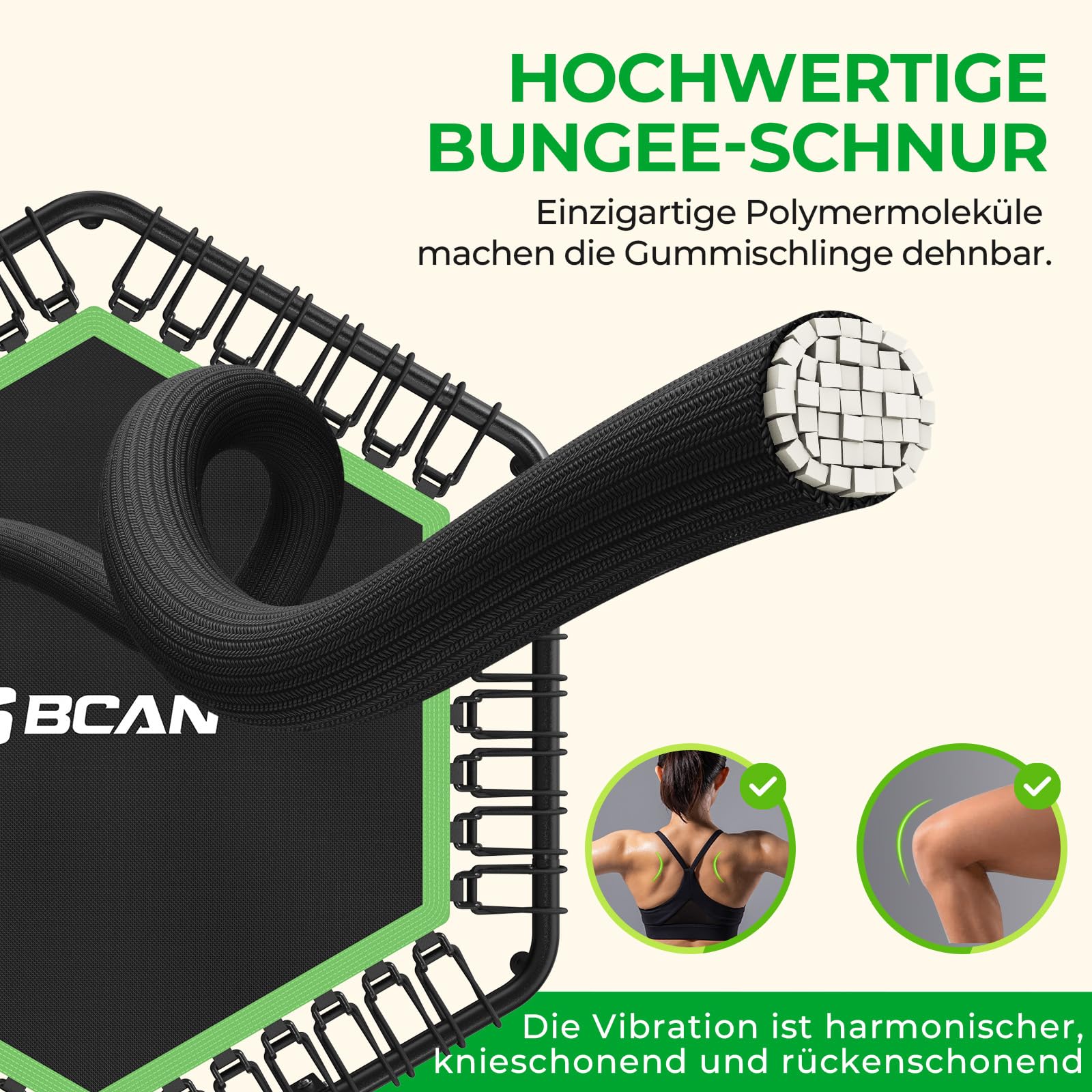 BCAN Fitness Trampolin Indoor Ø 122/130 cm, Trampolin Erwachsene bis 250 kg, Bodentrampolin mit verstellbarem T-Griff & 42 Gummiseilen, Leise & vibrationsarm