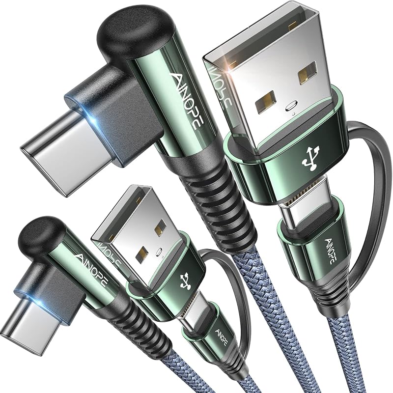 AINOPE 60W Right Angle USB C Cable [2-𝑷𝒂𝒄𝒌, 6.6FT] with USB Adapter | iPad Charging Cord 90 Degree USB C Cabel for iPad Air/Pro,Carplay Cable Type C Fast Charging for iPhone 17/16/15 Pro Max