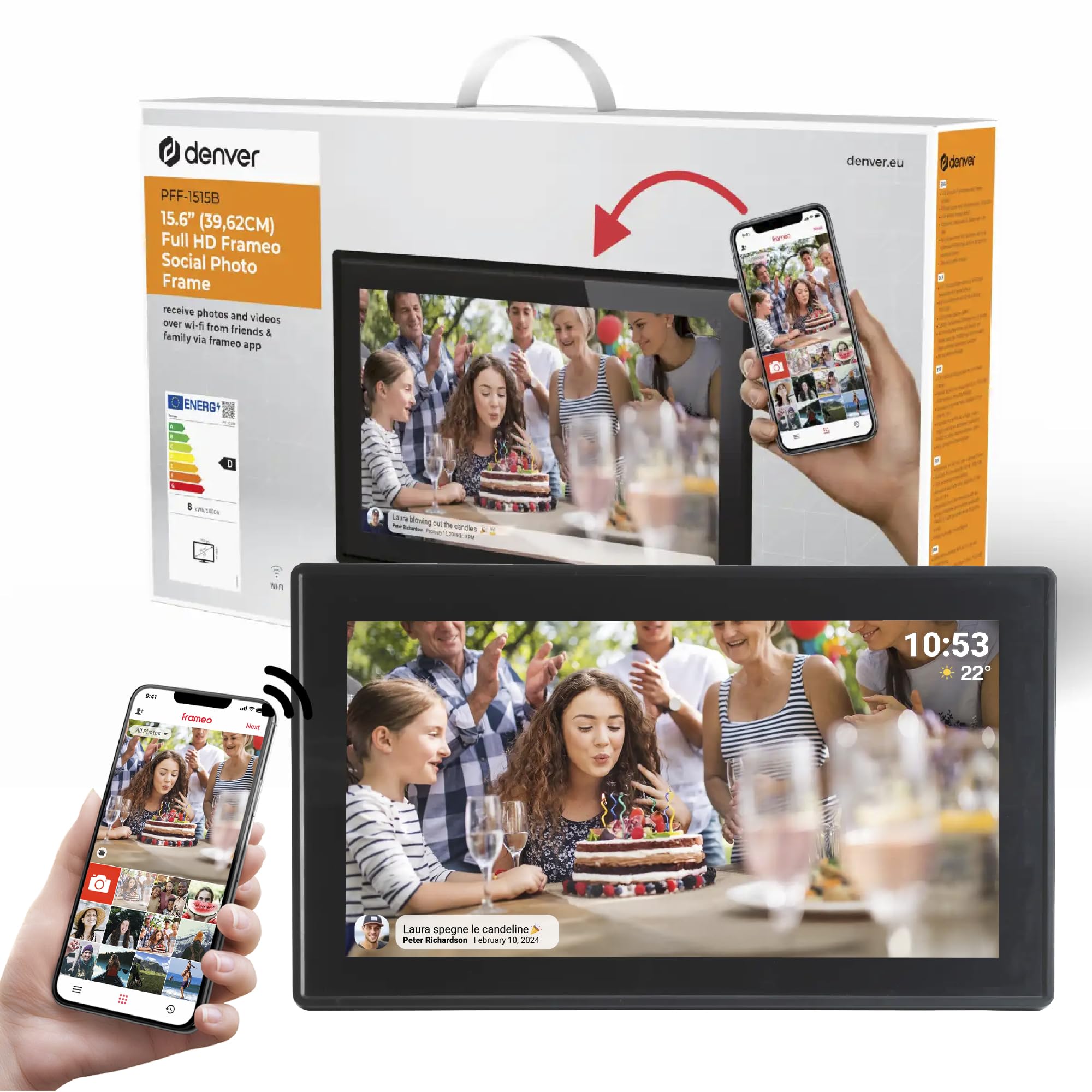 Denver PFF-1515B - Cornice digitale Wi-Fi - Schermo touch screen Full HD IPS da 15,6 pollici, software FRAMEO integrato, condivisione wireless, spegnimento notturno automatico, memoria da 16 GB, nero