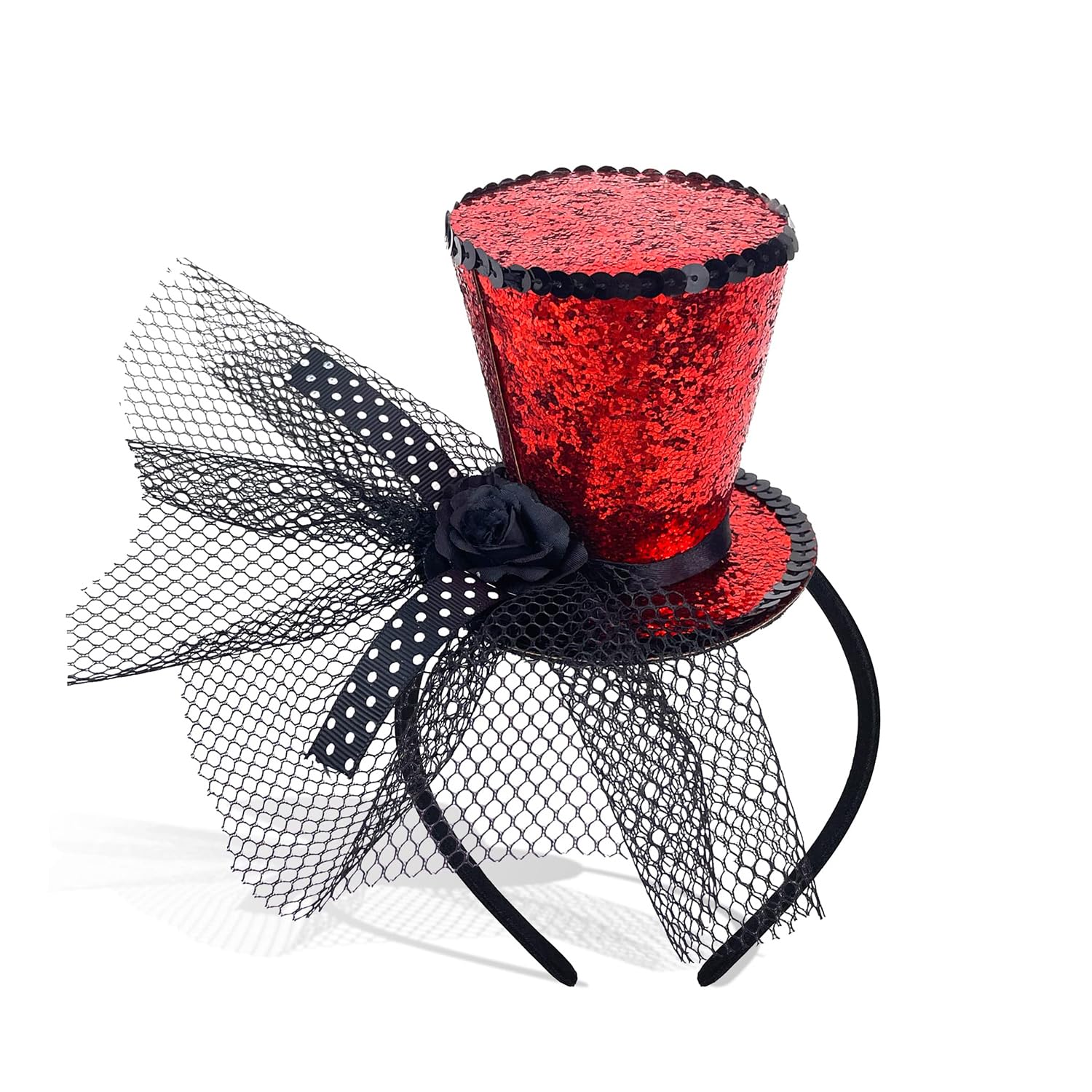 Myqiqi Mini Top Hat Headband with Veil, Red Top hat fascinator Circus Costume for Women Girl Festival Halloween Christmas Headwear Carnival, Theme Party, Prom (Red)