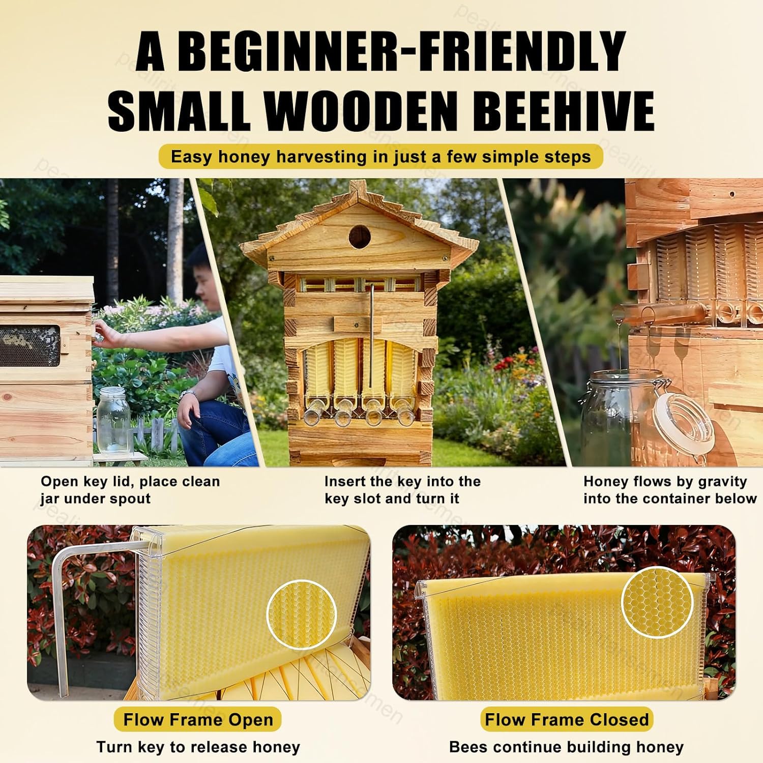Beginner-Friendly Beehive Starter Kit – Self-Flow Honey Comb Beehive with Cedar Frames, Small Mini Beehive for Urban Beekeeping, Easy Assembly & Transparent Window
