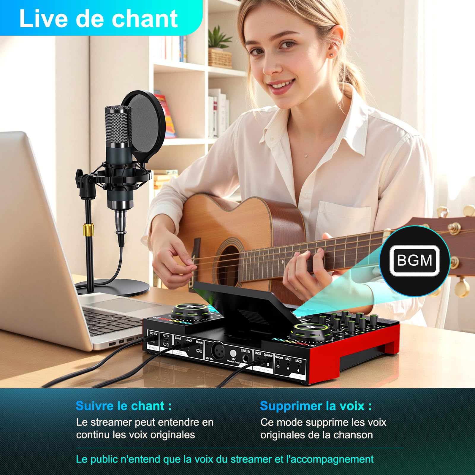 G10 Kit Podcast avec Micro Condenseur P15 et Table de Mixage Live Sound Board - Changeur de Voix, Réduction de Bruit, Mode Follow Singing Karaoké pour Streaming, Gaming, Chant, Podcast Débutant