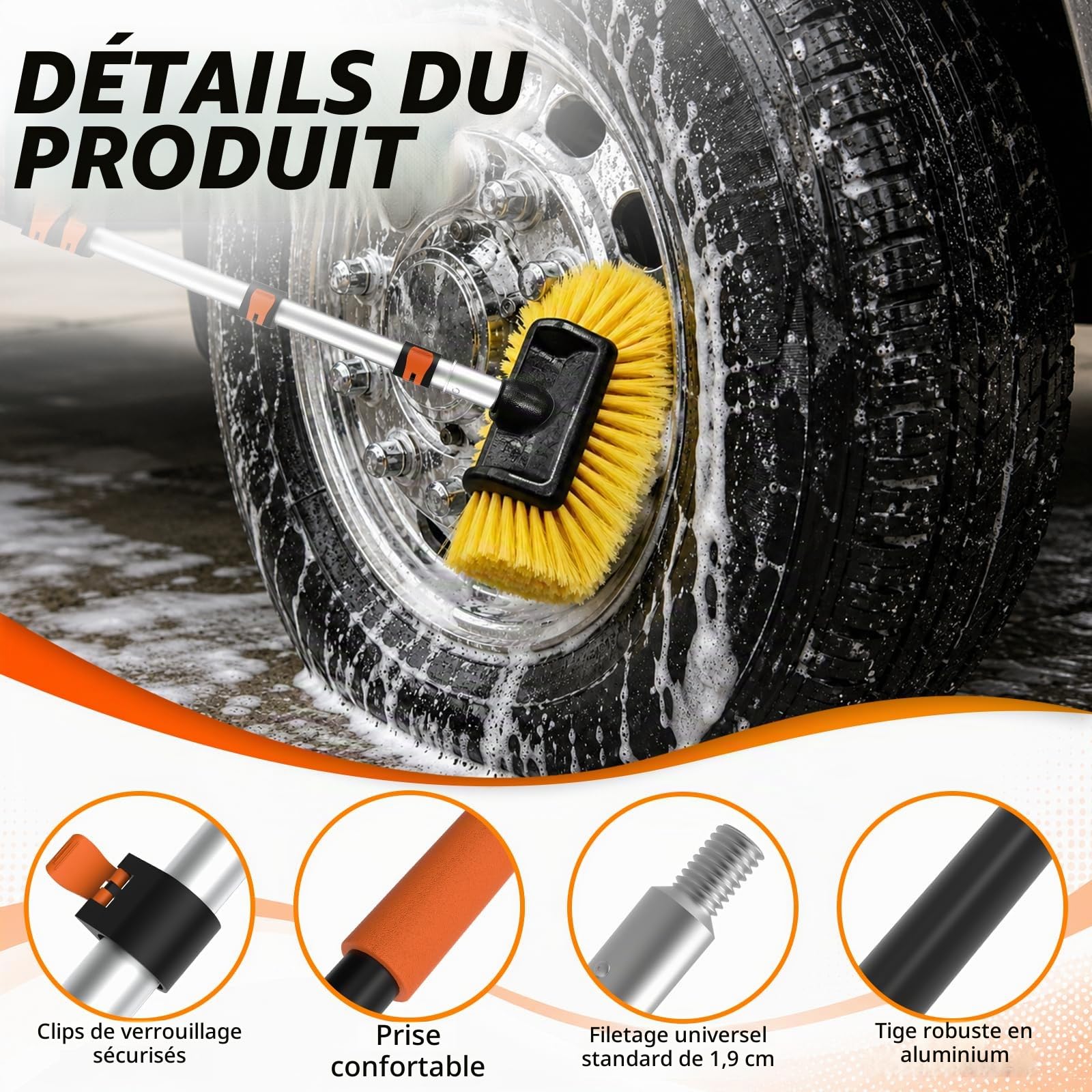 SISUPASSIE Brosse Lavage Voiture Télescopique 4,8m - Brosse Nettoyage Voiture avec Perche Télescopique Et Tête De Brosse Souple 30cm, Brosse Télescopique pour Voiture, Caravane Et Panneau Solaire