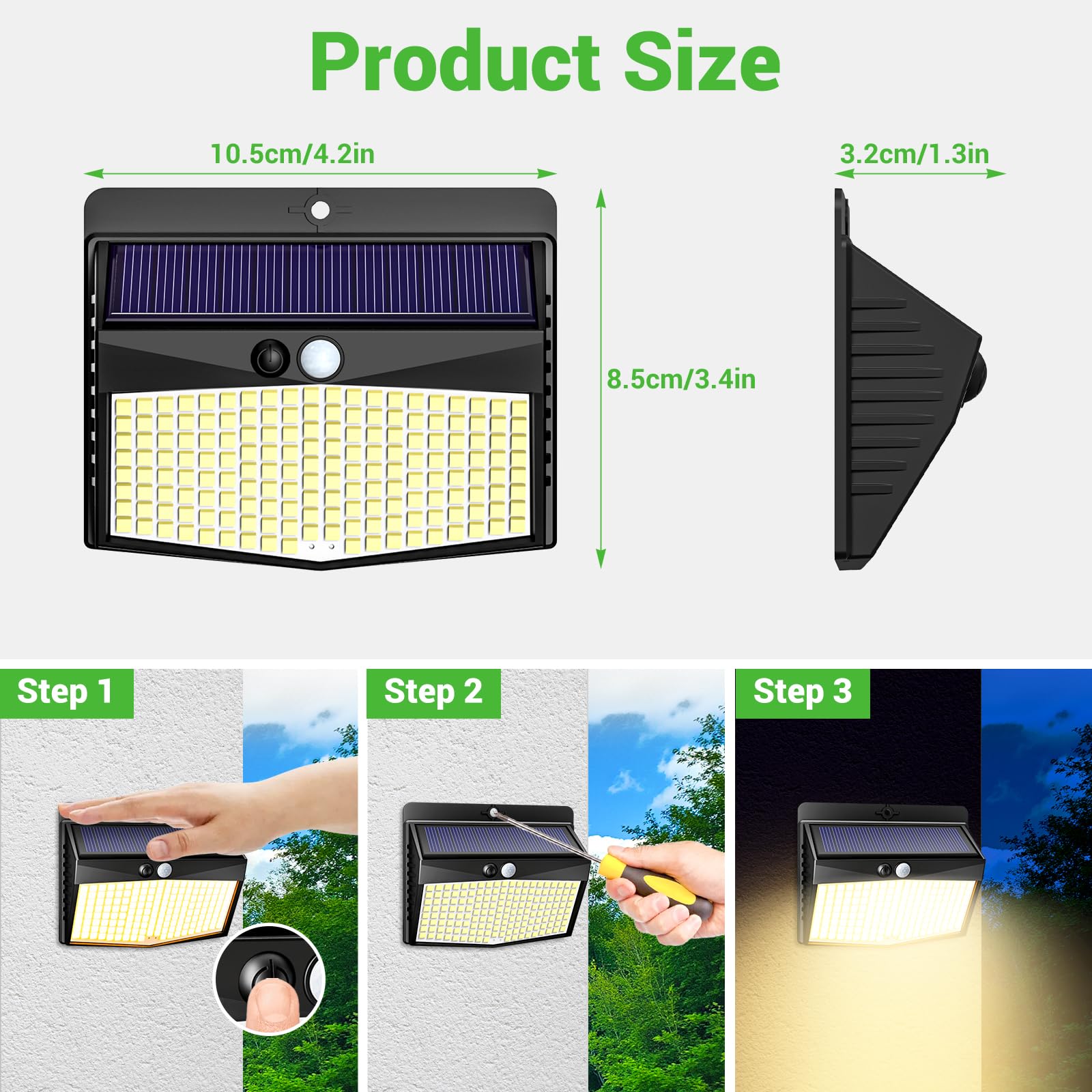 nipify Lot de 6 lampes solaires d'extérieur avec détecteur de mouvement, 3 modes, lampe solaire d'extérieur IP65, 168 LED blanc chaud, lampe solaire d'extérieur pour jardin, garage, cour, mur, clôture
