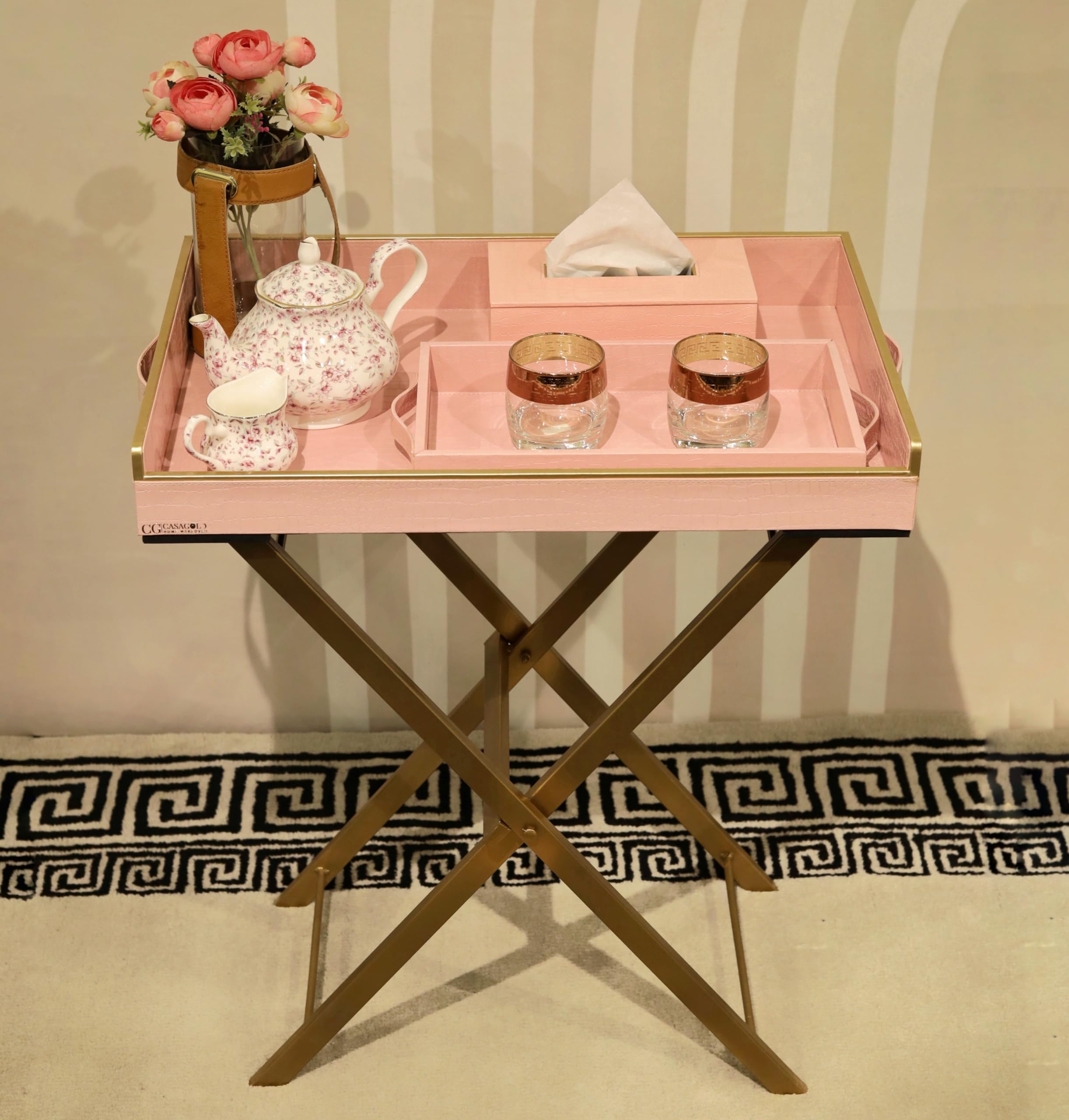 CasaGold Set of 3 Leather Tray Table with Metal Stand + Serving Tray + Tissues Box | Butler Tray, Removable Rectangle Tray Top with Handles | Ideal for Serving and Entertaining (Pink)