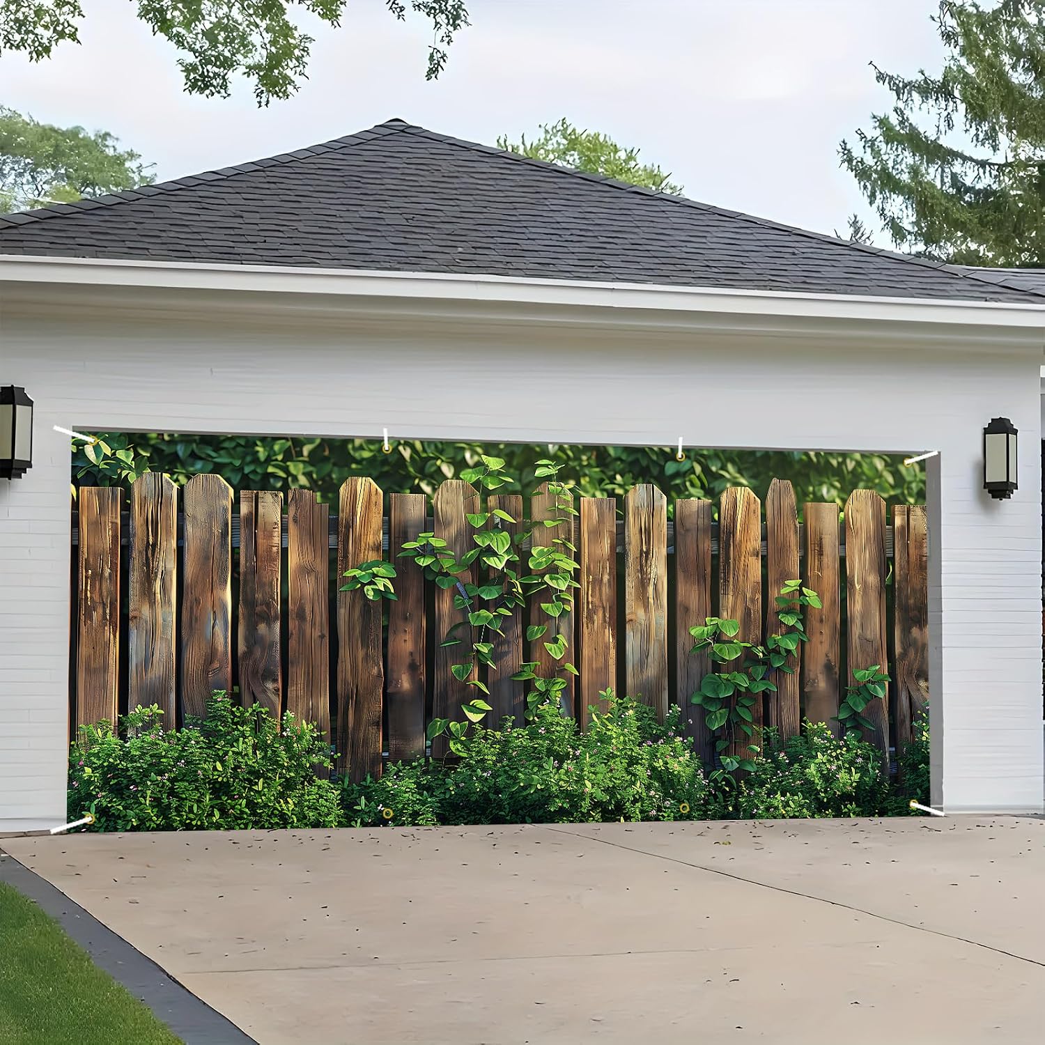 Garage Door Banner Cover, Rustic Wooden Fence with Green Vines, Polyester Farmhouse Garage Door Decor, 10M Ribbon Included, Fade Resistant Indoor Outdoor Backdrop