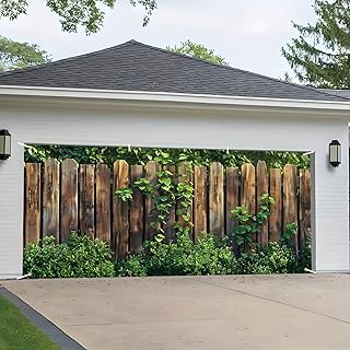 Garage Door Banner Cover 13x6ft, Rustic Wooden Fence with Green Vines Scene Garage Door Cover, Outdoor/Indoor Farmhouse Door Tapestry with Grommets for Yard Garden Decor Backdrop(Garden wooden fence)