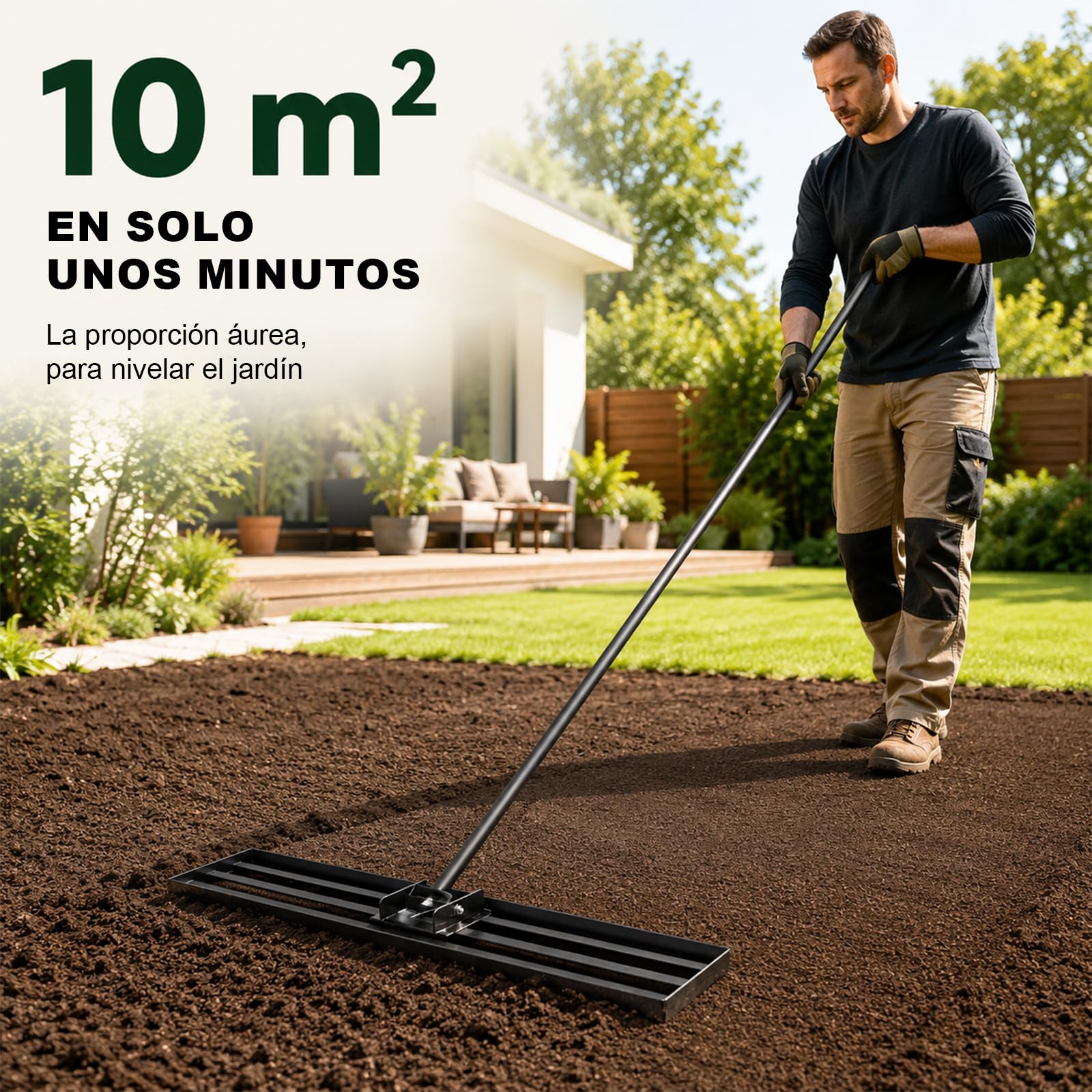 Rastrillo Nivelador de Alto Rendimiento, 114×25cm Rastrillo de Césped, Rastra de Nivelación para Césped, Cabezal Ancho para Jardines y Zonas Verdes, Rastra Niveladora Resistente con Mango de 213 cm