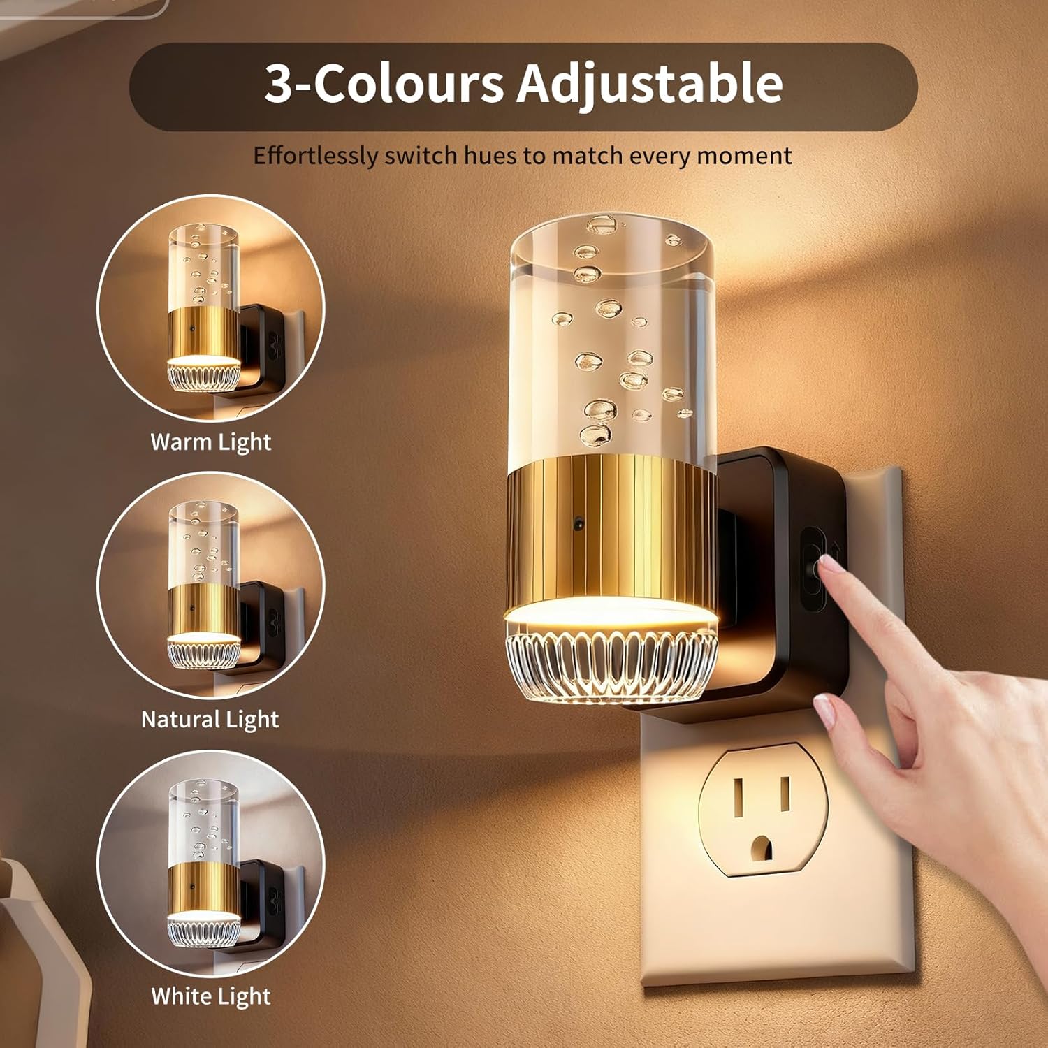 Plug in Night Light with Dusk to Dawn Sensor, Adjustable 0–100LM LED Nightlight with 3 Color Temperatures, 180° Swivel, Acrylic Bubble Light, 2 Pack for Hallway, Bathroom & Bedroom (Copper)