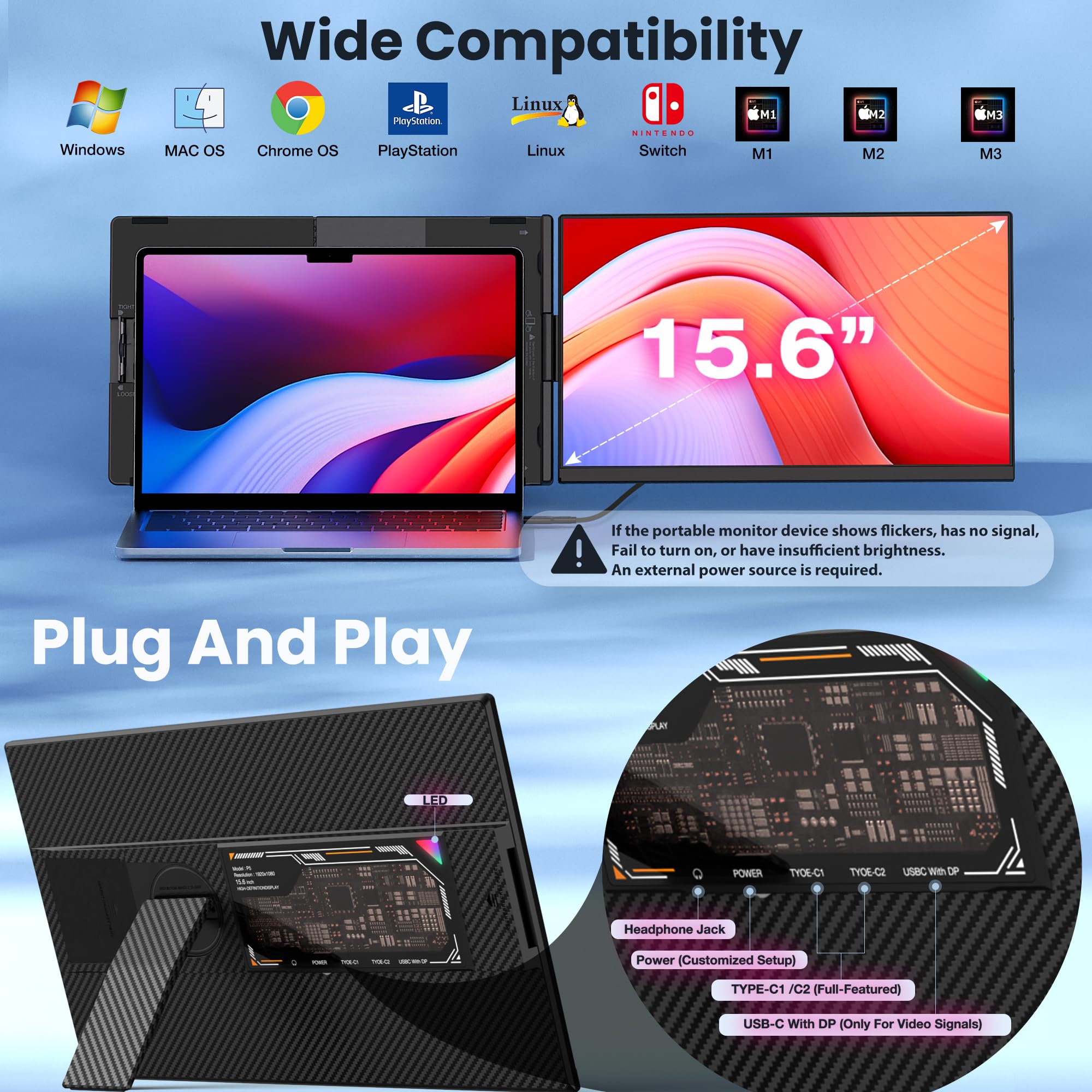 Kwumsy Monitor Portatile 15,6 Pollici, 1920x1080P FHD IPS Portable Monitor Schermo, 86% NTSC Schermo Monitor Portatile Staccabile, Plug and Play Doppio Monitor Portatile Per Laptop/Mac/ Wins/Chrome