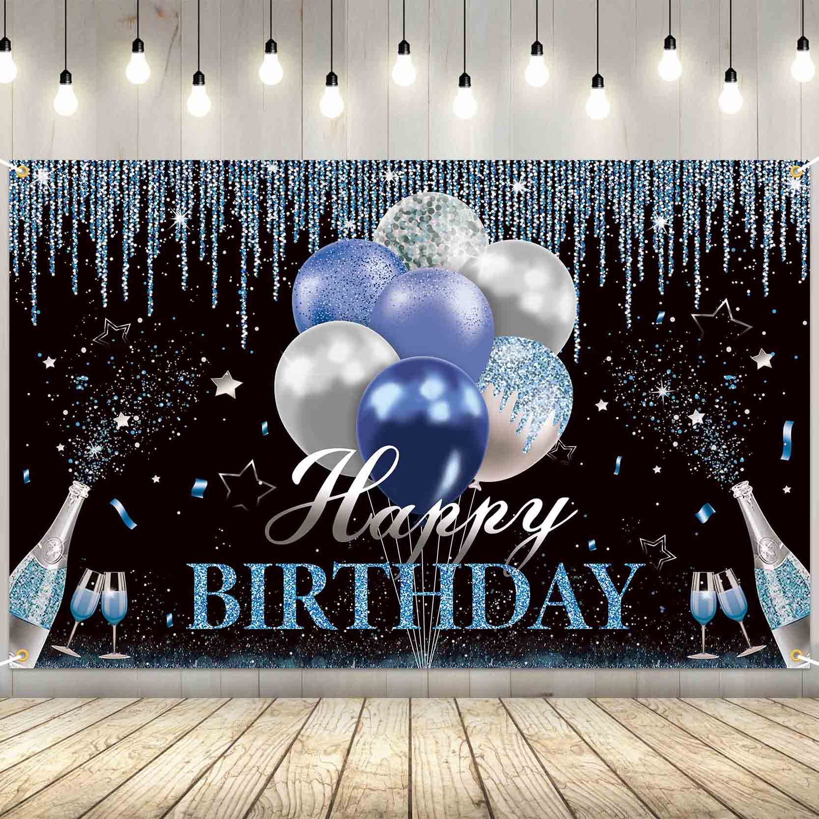 Happy Birthday Hintergrund – Blau-silber Glitzer-Ballon Dekoration, 3x2,4 M, Für Partys & Fotoshootings
