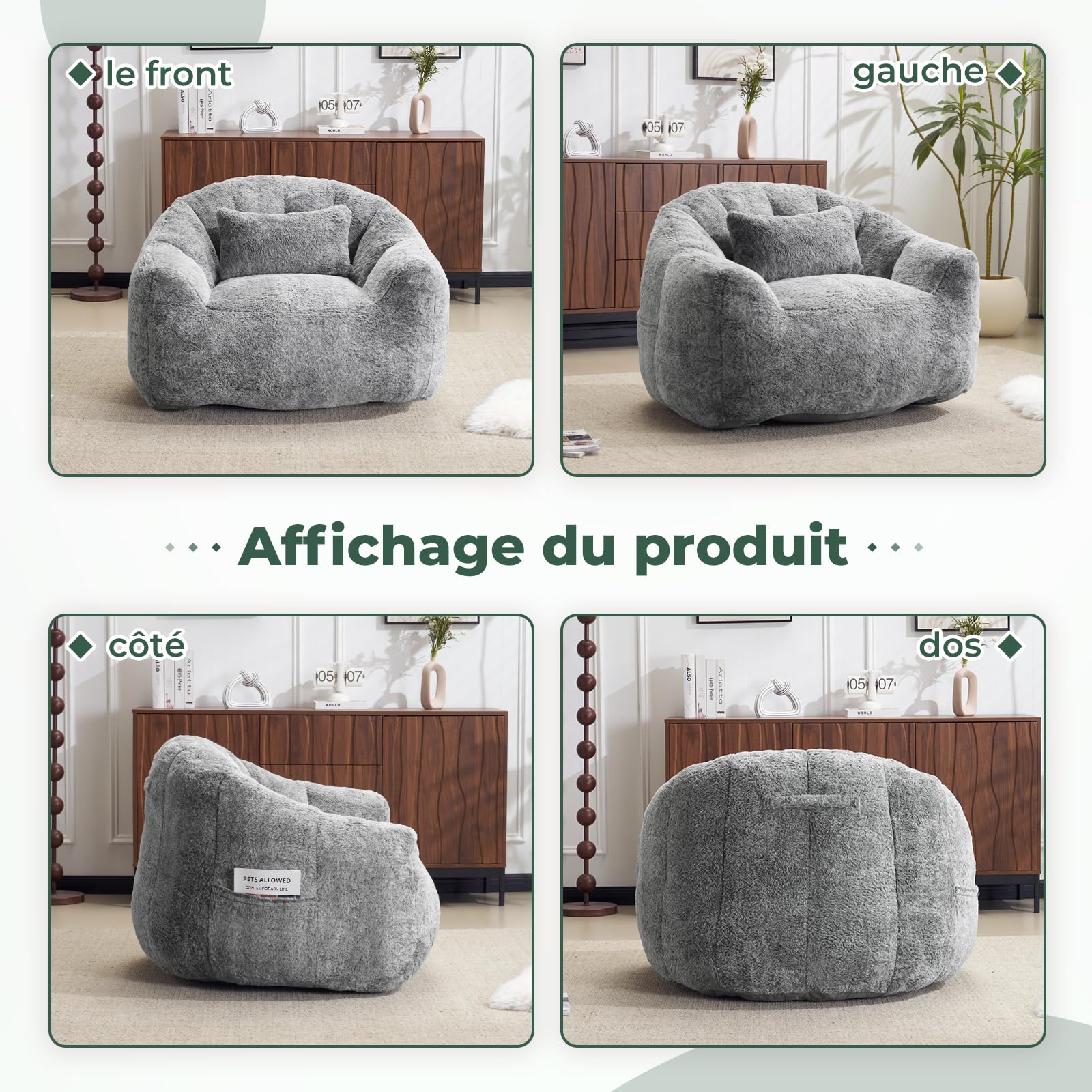 Pouf pour adultes, fauteuil lounge moelleux en fausse fourrure avec coussin, capacité de charge jusqu’à 160 kg, emballage sous vide & sans montage, pour salon, chambre, balcon, gris