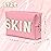Y1tvei Preppy Patch SKIN White Letter Pink Cosmetic Toiletry Bag PU Leather Portable Makeup Bag Daily Use Storage Pouch Toiletry Purse Waterproof Organizer for Travel Varsity Women Girls Teens(Pink)