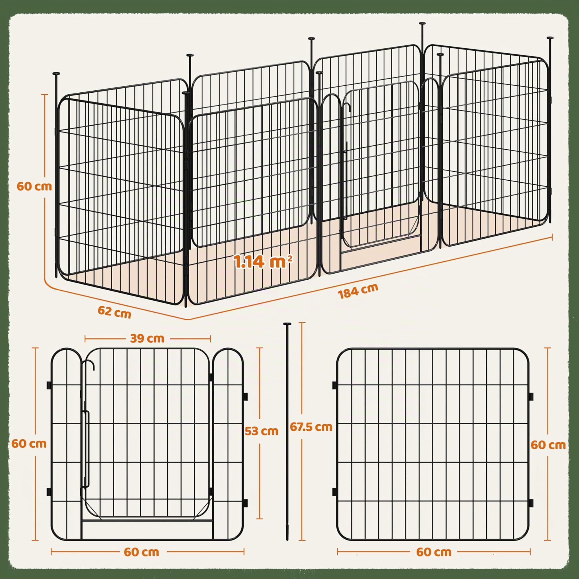 Yaheetech Recinto per Animali Domestici, 8 Pannelli Altezza 60 cm, Pieghevole con Porta per Interno ed Esterno, in Acciaio, per Cani, Cuccioli, Gatti e Conigli
