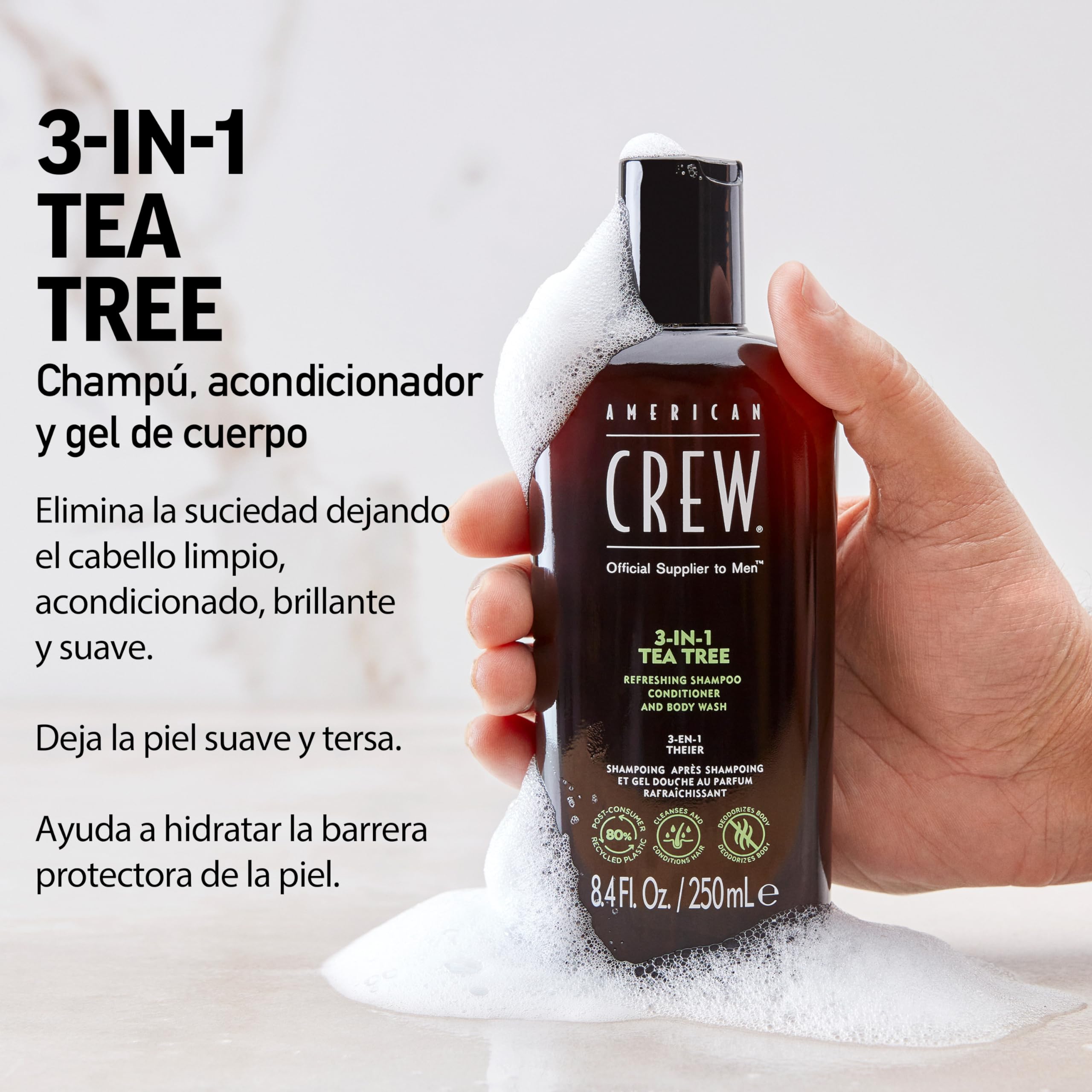 American Crew 3 en 1 Tea Tree, Champú Acondicionador y Gel de Ducha, Limpia y Elimina el Sebo del Cuero Cabelludo, Desodoriza el Cuerpo, Cabello Acondicionado y Brillante, Fragancia Árbol de Té