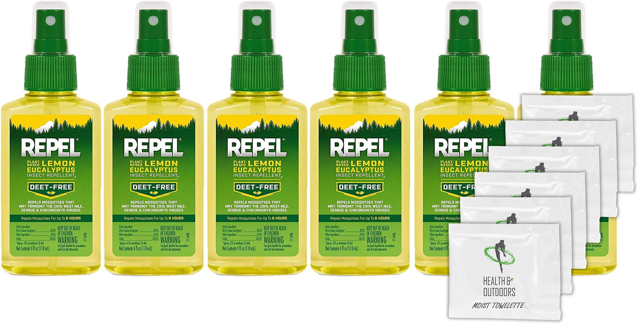Repel Plant-Based Lemon Eucalyptus Insect Repellent, Pump Spray, 4-Ounce(6 Count) W/ 6 HAO Moist Towelettes