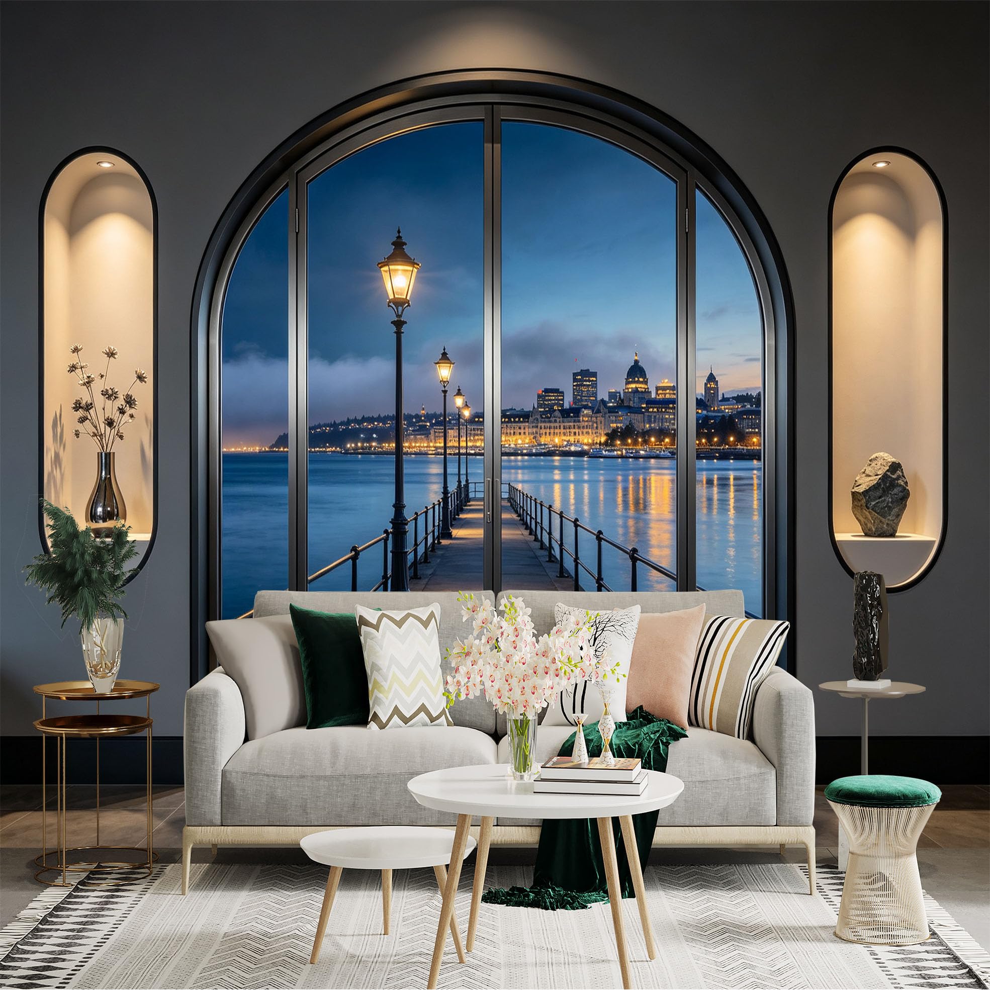 Custom Size Wall Sticker Mural， Night Pier with City Lights， Waterfront View and Street Lamps， for wall Decoration， peelandstick wall Decals.