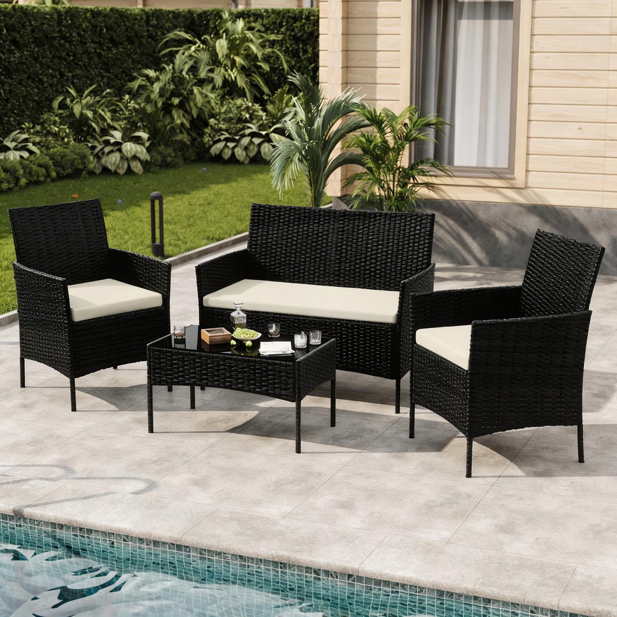 4-Piece Outdoor Patio Furniture Set – Black Wicker Rattan Bistro Conversation Set with 2 Chairs, Loveseat, Tempered Glass Coffee Table, Thick Creamy-White Cushions – Balcony, Garden, Porch or Poolside