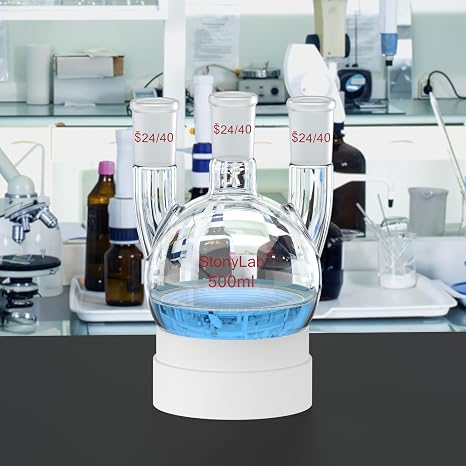 stonylab 丸底フラスコ ストレートネック3個付き - 24/40標準ジョイント、500mlの高ホウケイ酸ガラス、化学、実験室、科学実験、蒸留、還流用途に最適