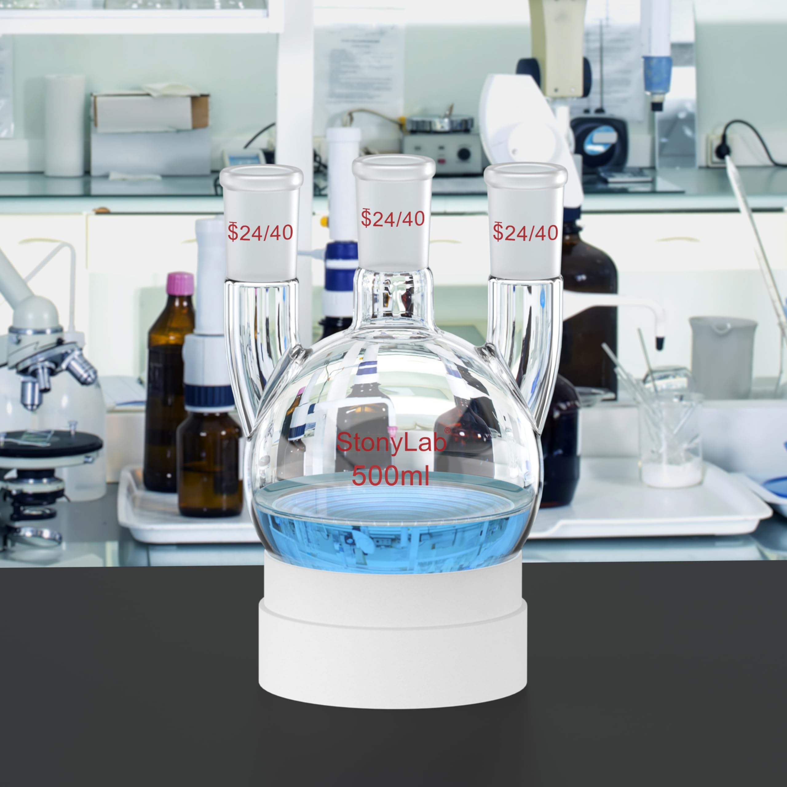 stonylab Fiole à Fond Rond 500 ml avec 3 Cols Droits-24/40, Verre Borosilicate, Idéale pour Chimie, Laboratoire, Expériences Scientifiques, Distillation et Reflux