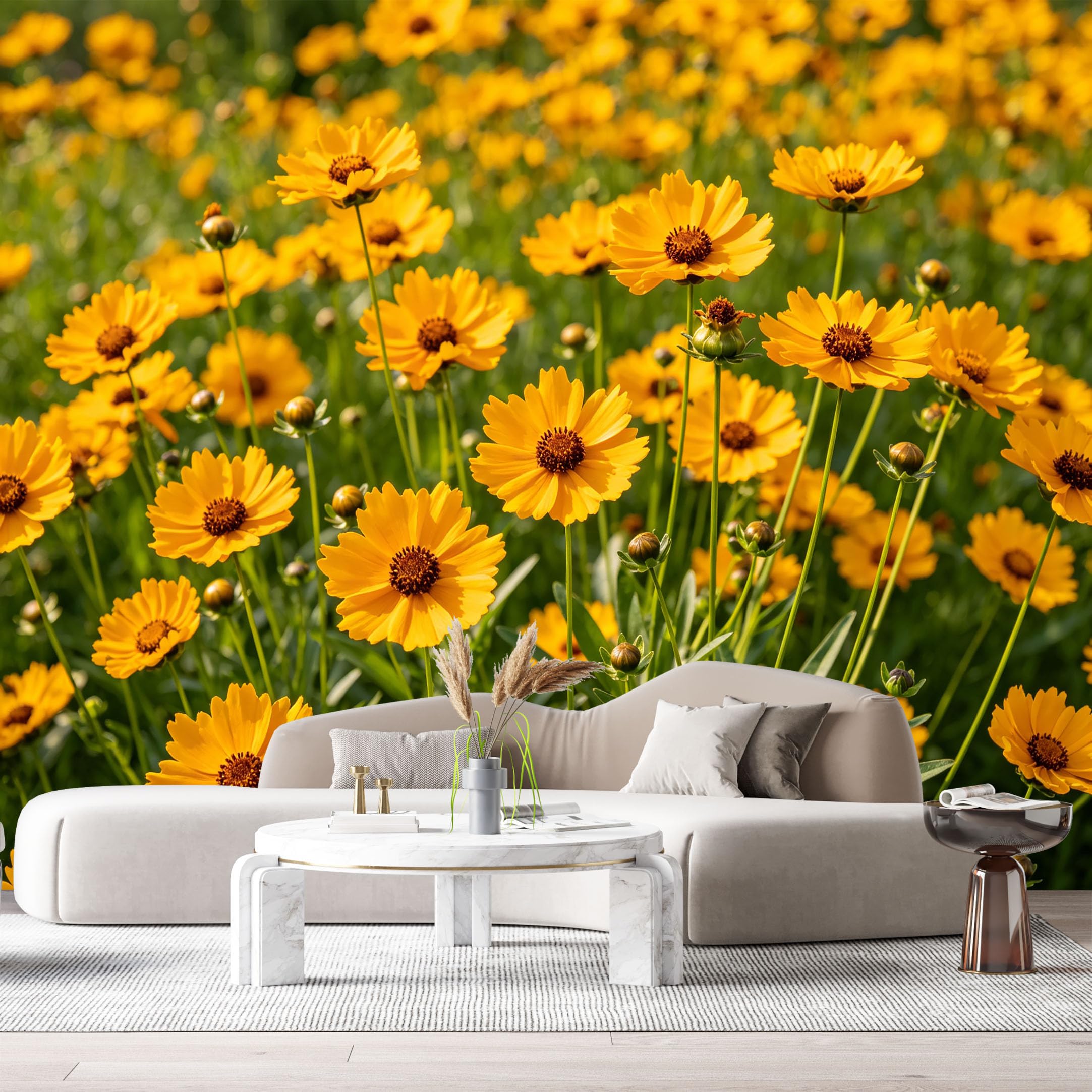 Custom Size Wall Murals Yellow Wildflower Botanical Meadow Bloom Field Nature Landscape SelfAdhesive Wall Fabric Removable Large Wallpaper for Photo Living Room