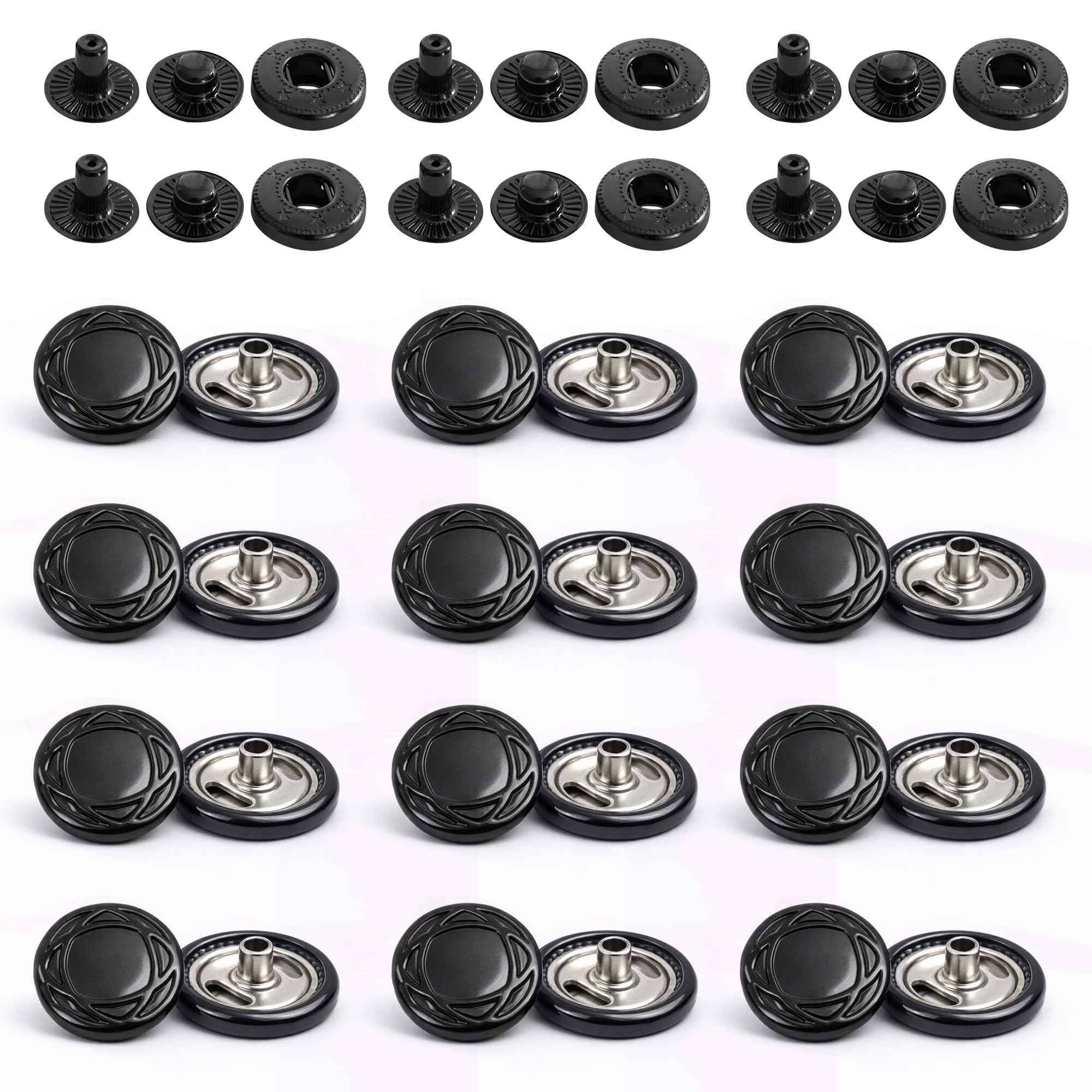 WedDecor Metal S Spring Press Studs 4 Part - 15mm, Matt Black, 100pcs