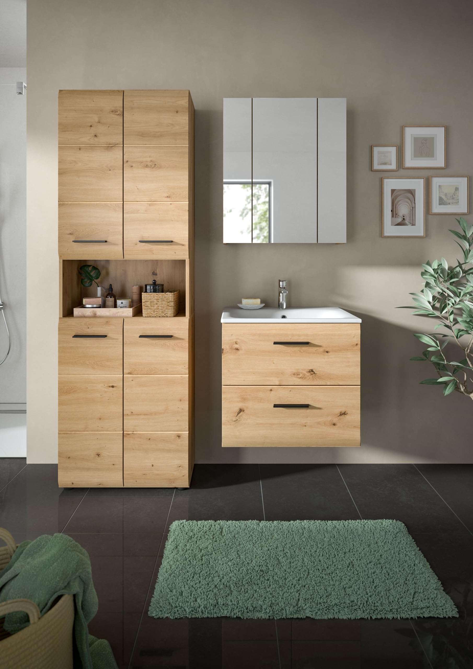 xonox.home – 3 TLG. Kompakte Badkombination Ice 135x185x46 cm in Korpus und Front Artisan Oak Nachbildung – Stilvolles Möbel-Set für Moderne Badezimmer – pflegeleicht & funktional – Bild 6
