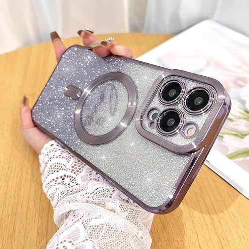 Vista 630 de Fiyart - Funda transparente magnética con purpurina para iPhone 12 para mujeres, con grabado "Love" metálico, protección para cámara y antigolpes