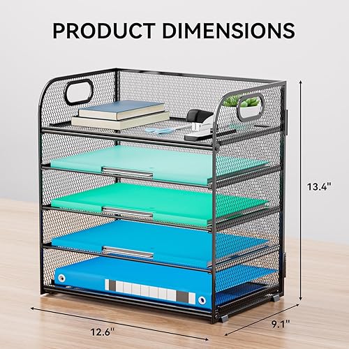 Miniatura 2 de Bandeja organizadora de papel con asa, organizador de escritorio apilable negro de 5 niveles con malla de metal, bandeja de papel resistente para