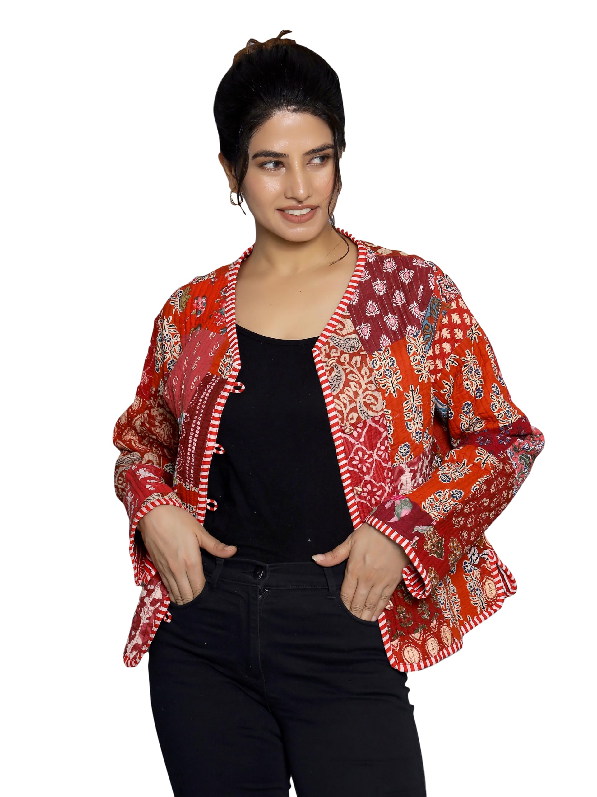 Global Desi Ravaiyaa - Attitude is everything Women's Export-Quality Indian Traditional Jacket Reversible Machine Patchwork Quilted Cotton Standard Length Coat (Xl, Red) in red