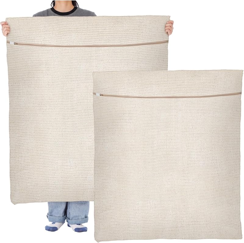 SATINIOR Paquete de 2 bolsas extra grandes de malla de algodón 100% para lavandería, 43 x 35 pulgadas, bolsas grandes y delicadas de malla de algodón con cremalleras resistentes, bolsa para lavadora para abrigos, mantas, ropa de cama, juguetes, artículos para mascotas