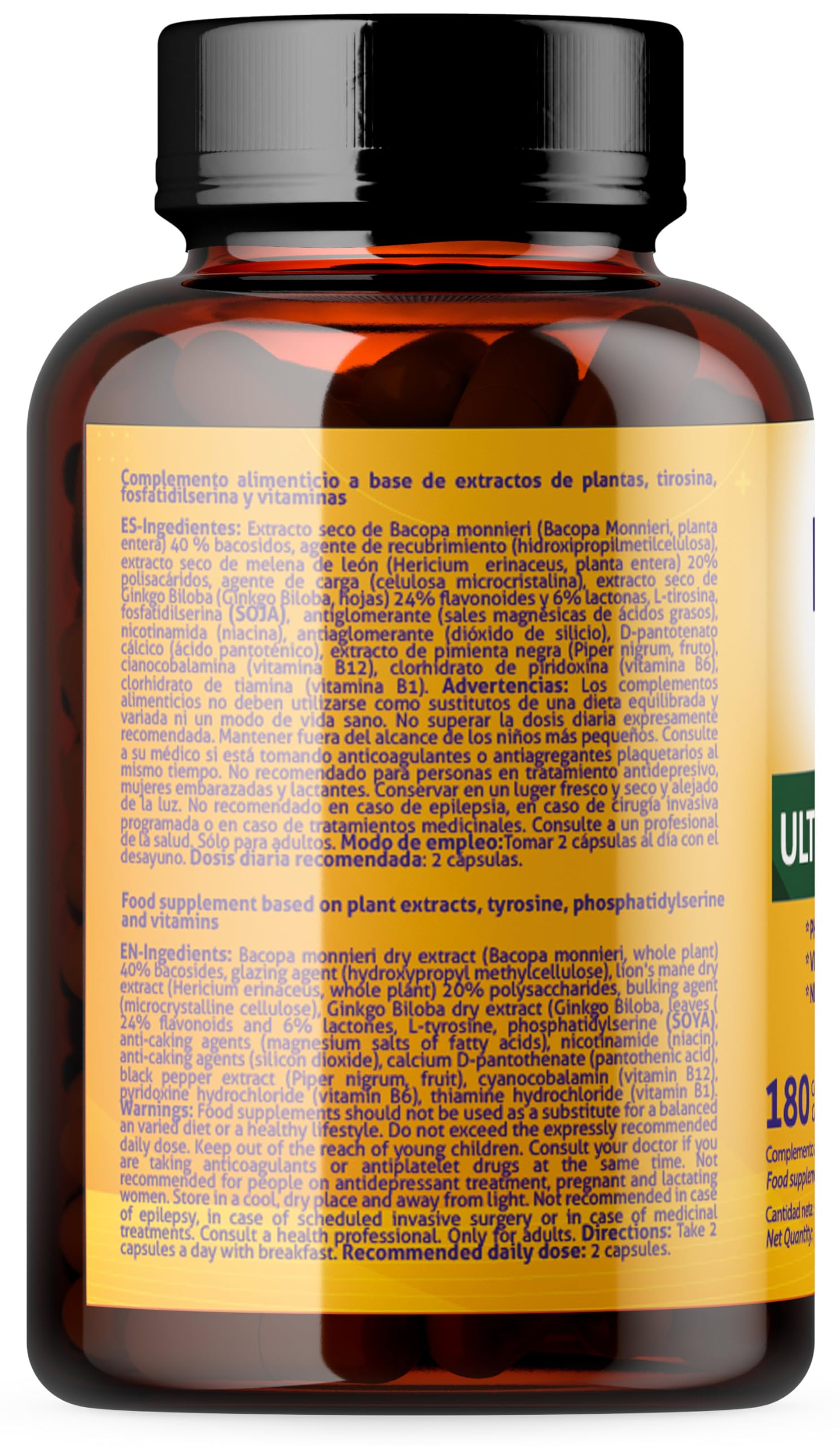 Ginkgo Biloba Forte 180 Capsule con Bacopa, Fosfatidilserina, Criniera di Leone, Tirosina, Niacina e Vitamine B Complex per Memoria e Concentrazione.