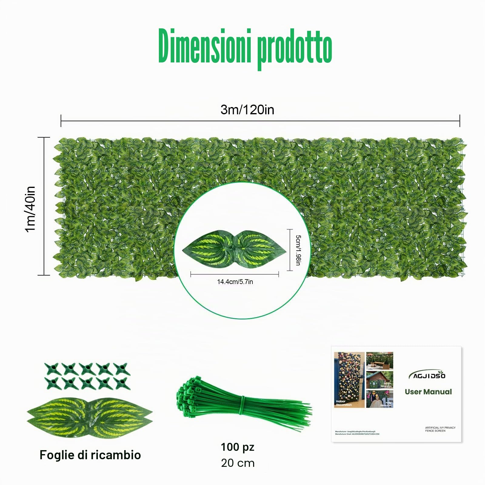 Siepe Artificiale per Balconi, 1x3m Siepe Finta Foglie Edera, Siepe Artificiale Rotolo per Recinzione, Ringhiera (Foglia di anguria)